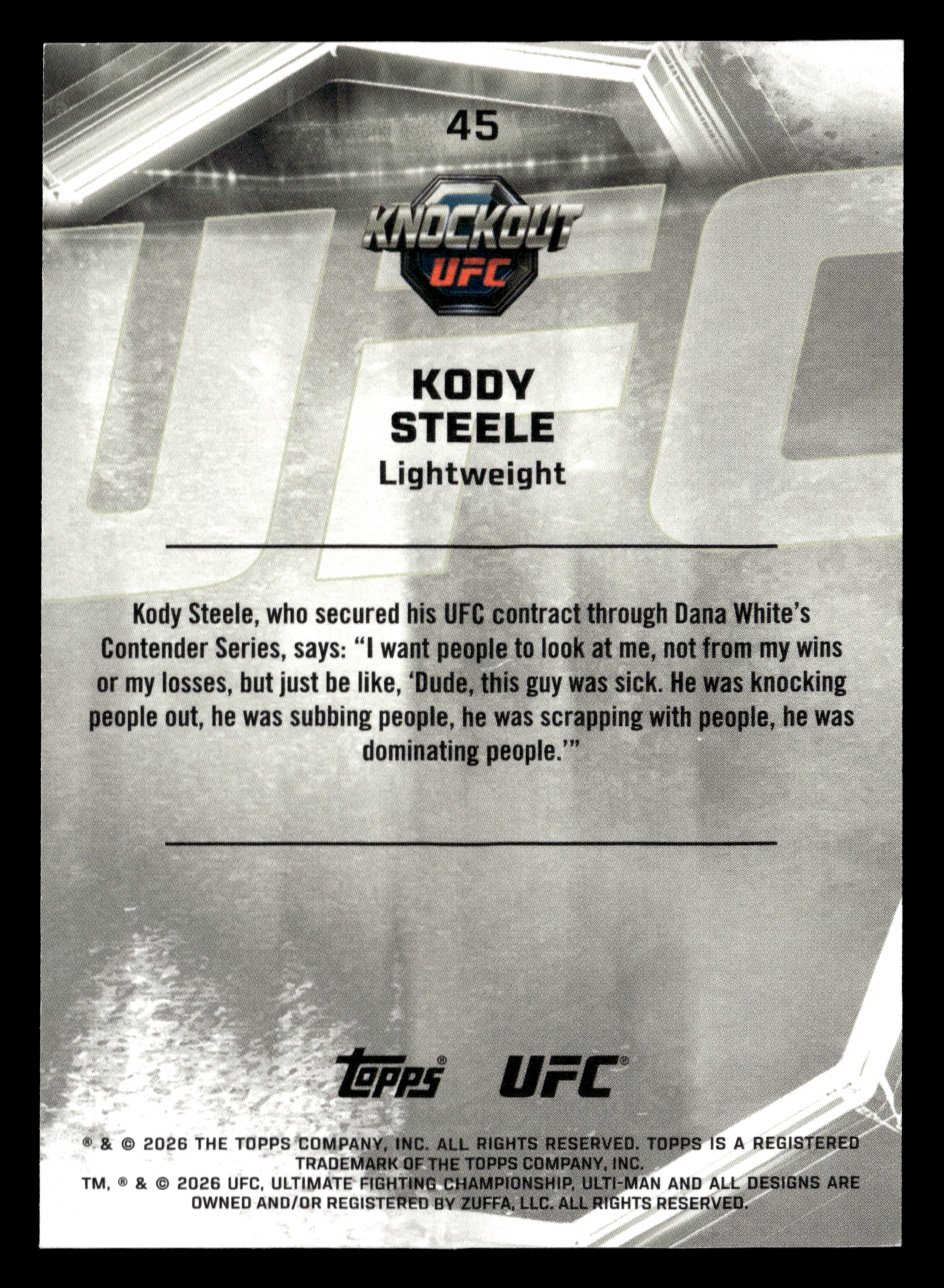2026 Topps Knockout UFC #45 Kody Steele Teal #/149