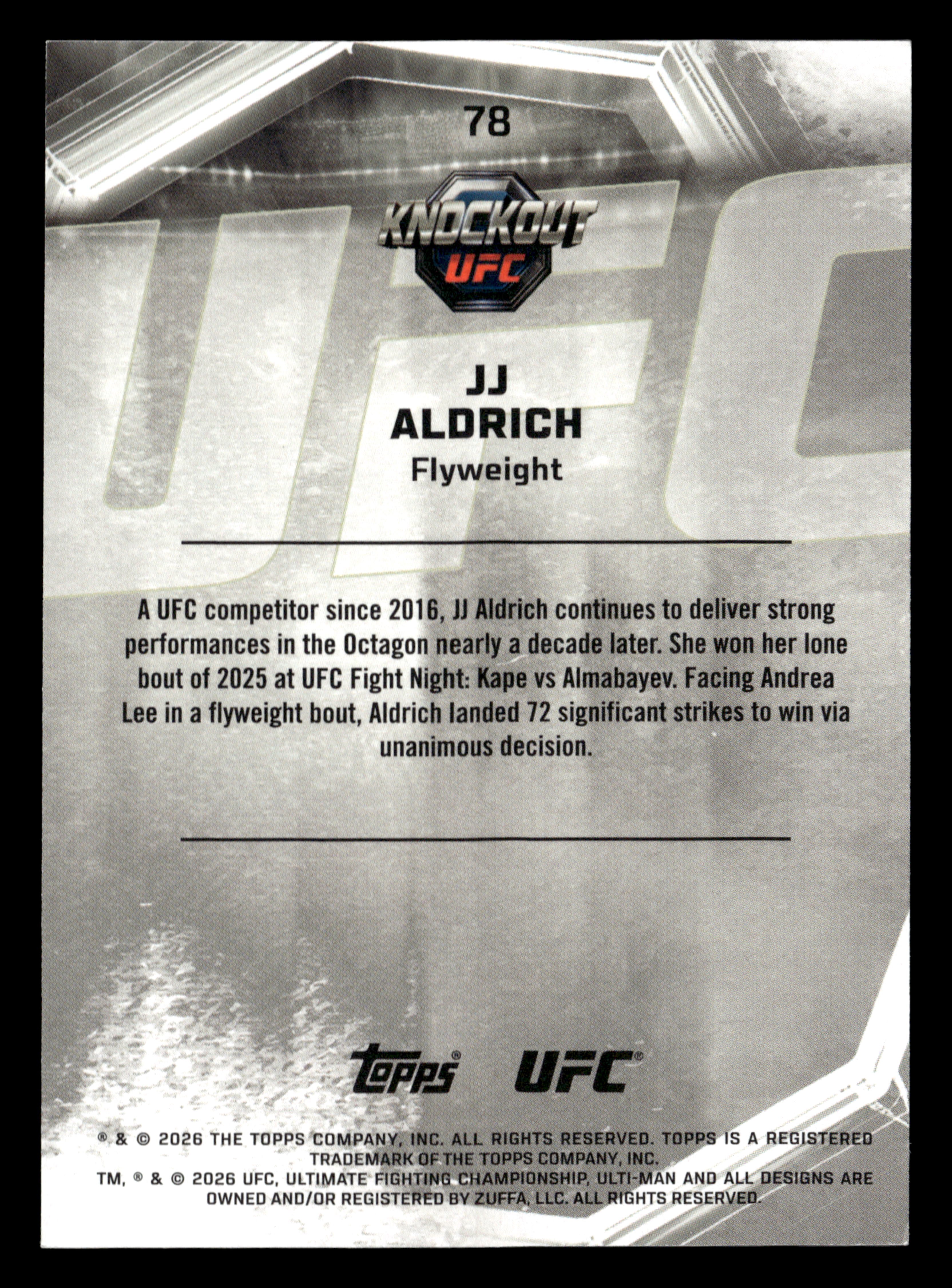 2026 Topps Knockout UFC #78 JJ Aldrich Lime Green #/99