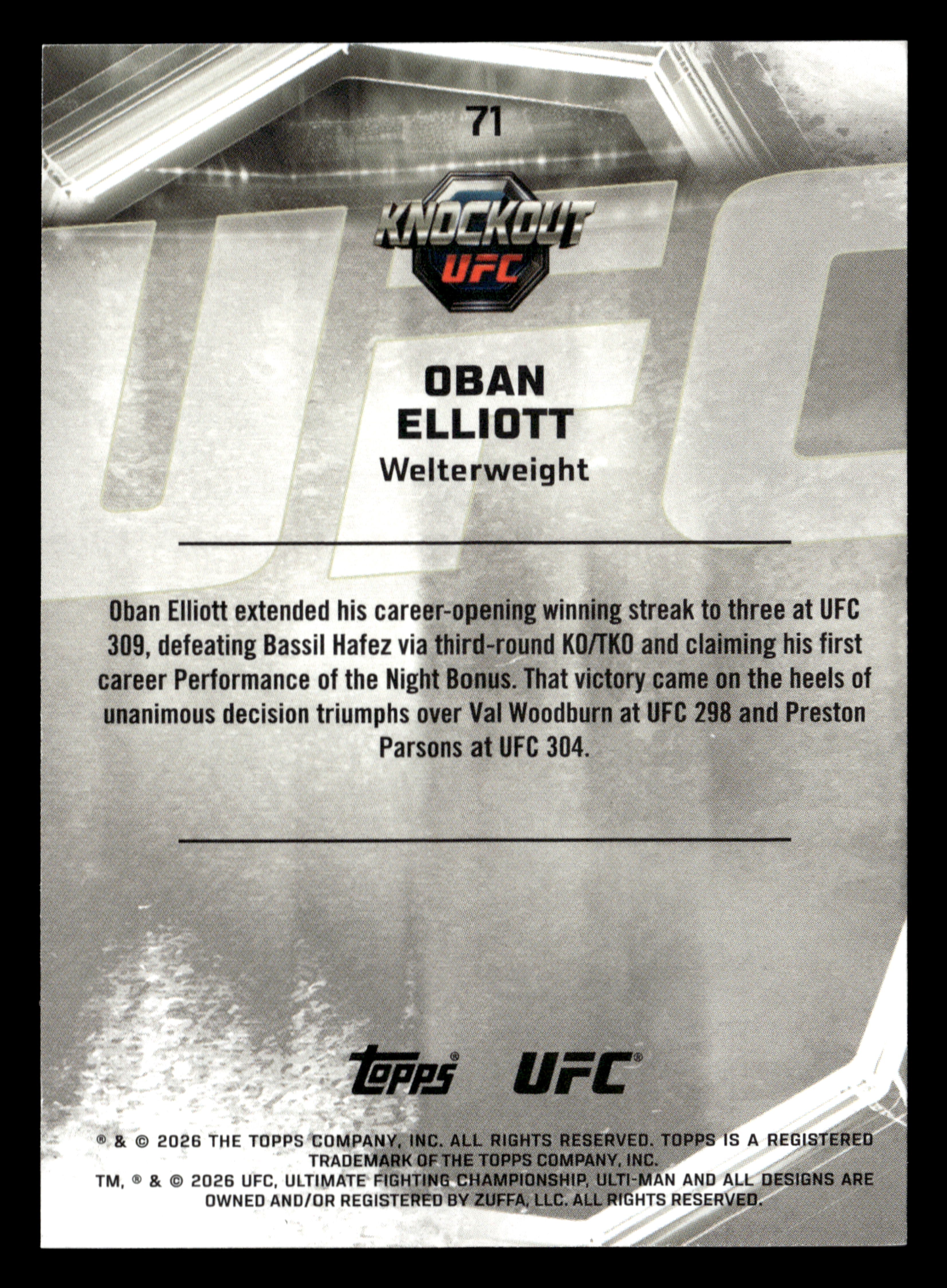 2026 Topps Knockout UFC #71 Oban Elliott Bronze #/299