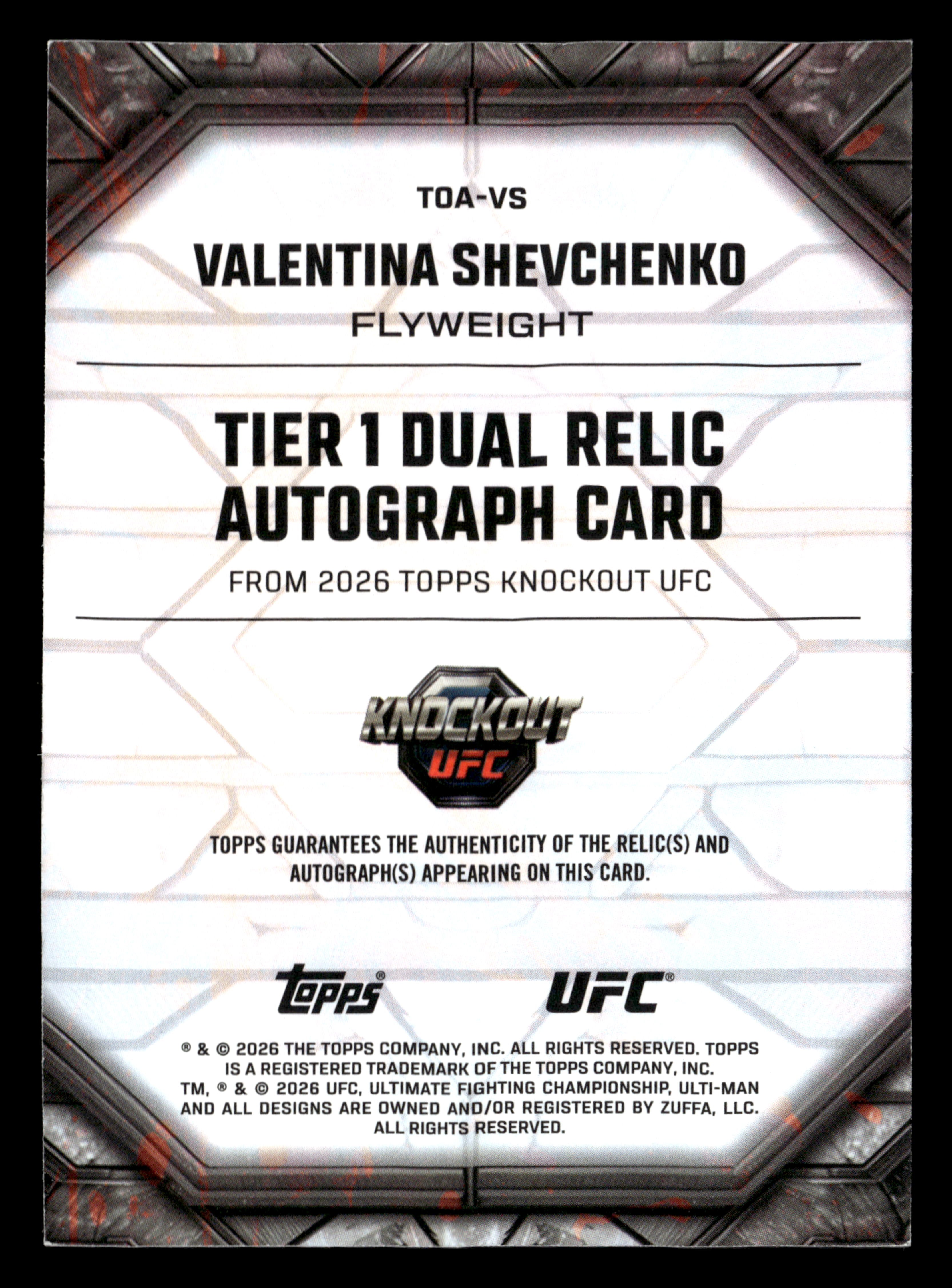 2026 Topps K'O UFC #TOA-VS Valentina Shevchenko Tier 1 Dual Relic Auto #/299