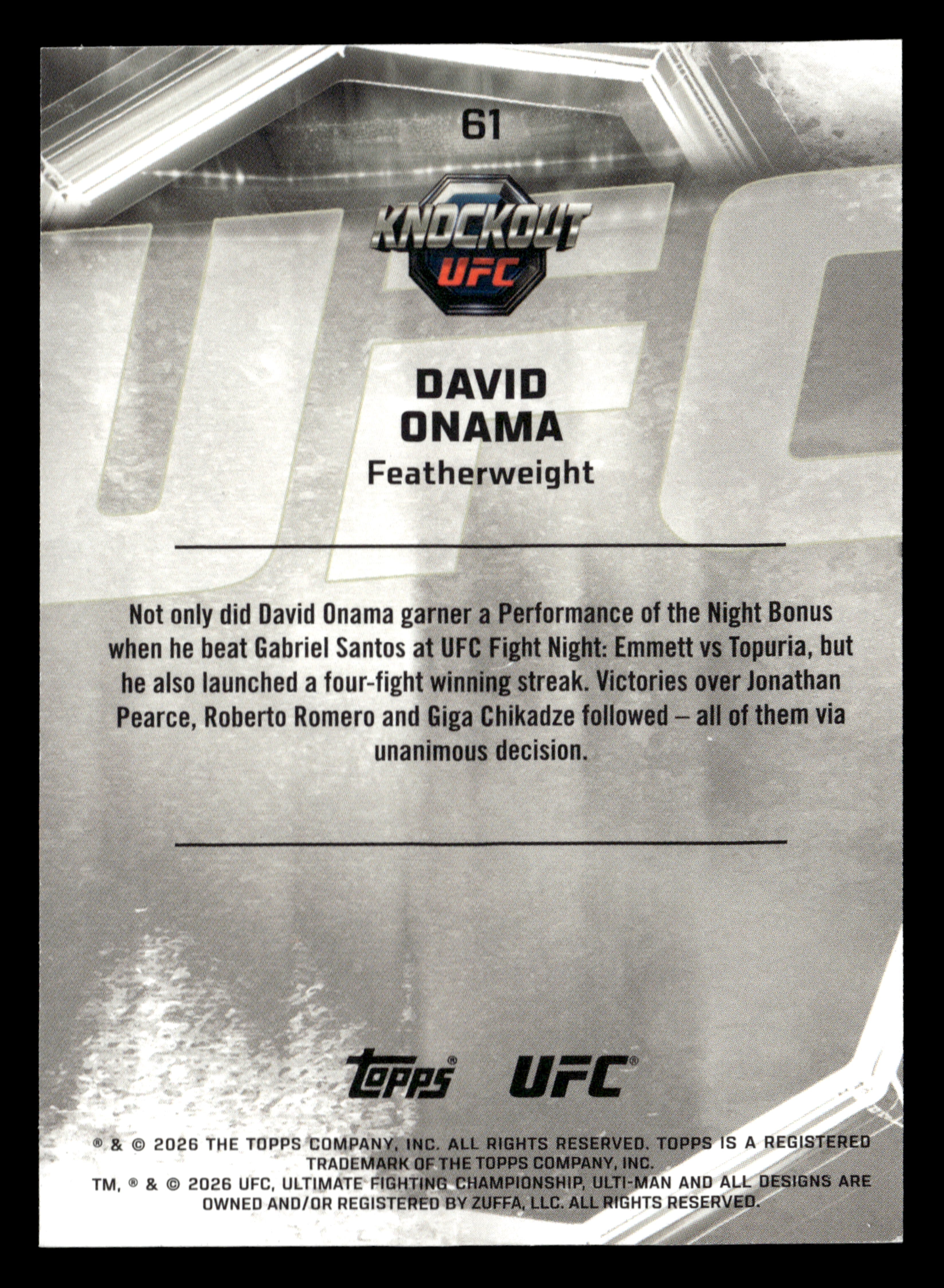 2026 Topps Knockout UFC #61 David Onama Bronze #/299