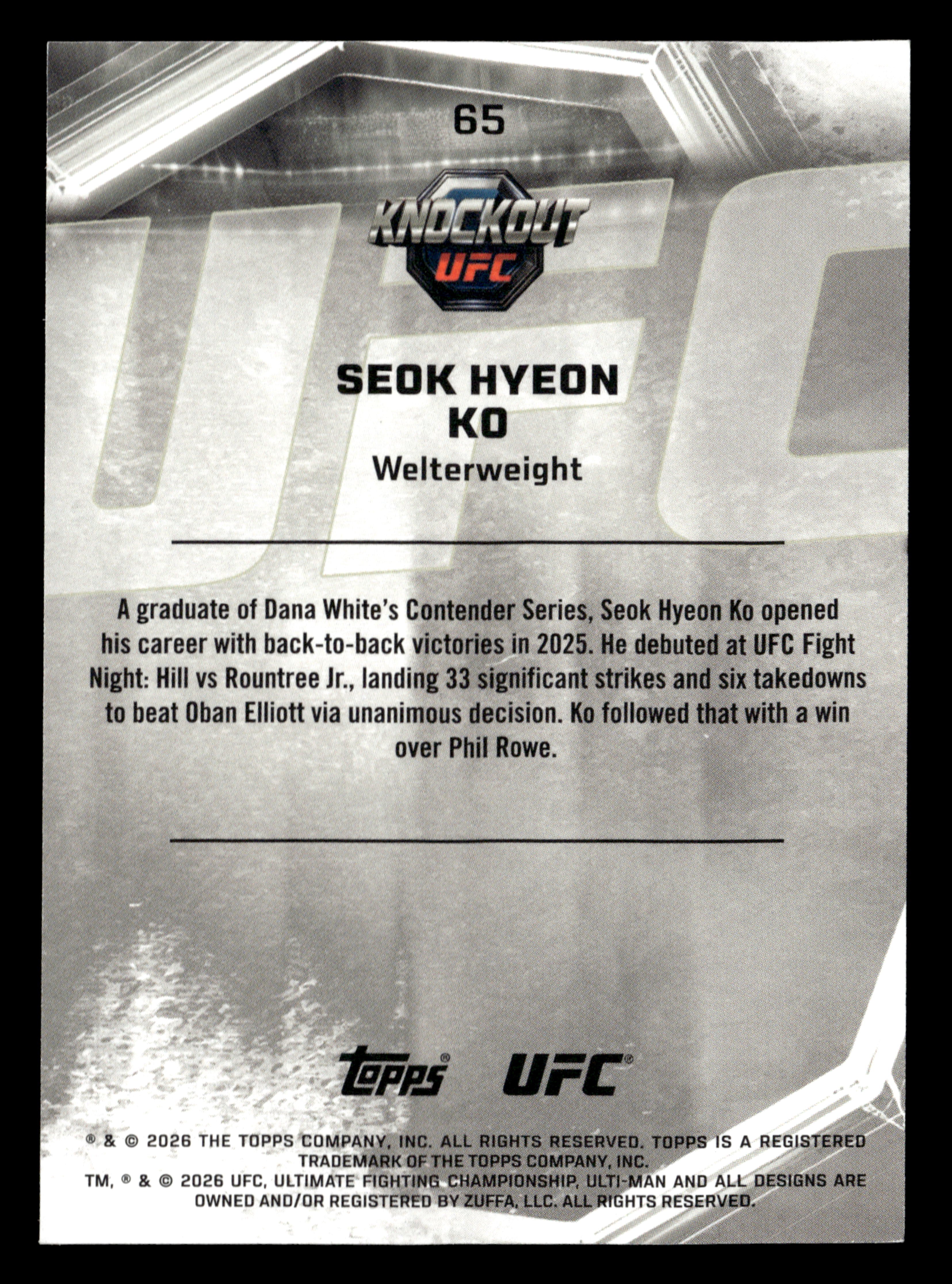 2026 Topps Knockout UFC #65 Seok Hyeon Ko Bronze #/299