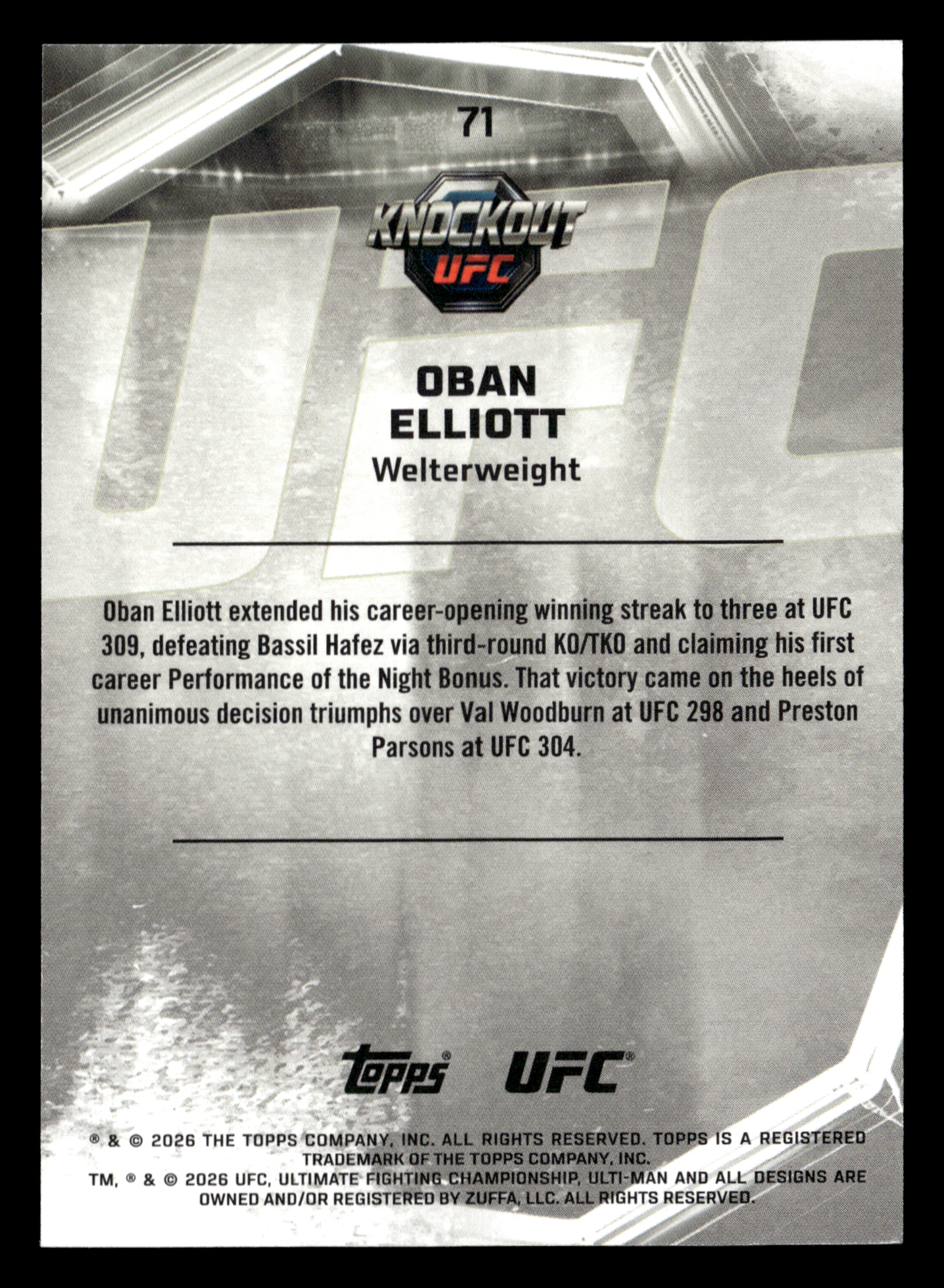 2026 Topps Knockout UFC #71 Oban Elliott Teal #/149