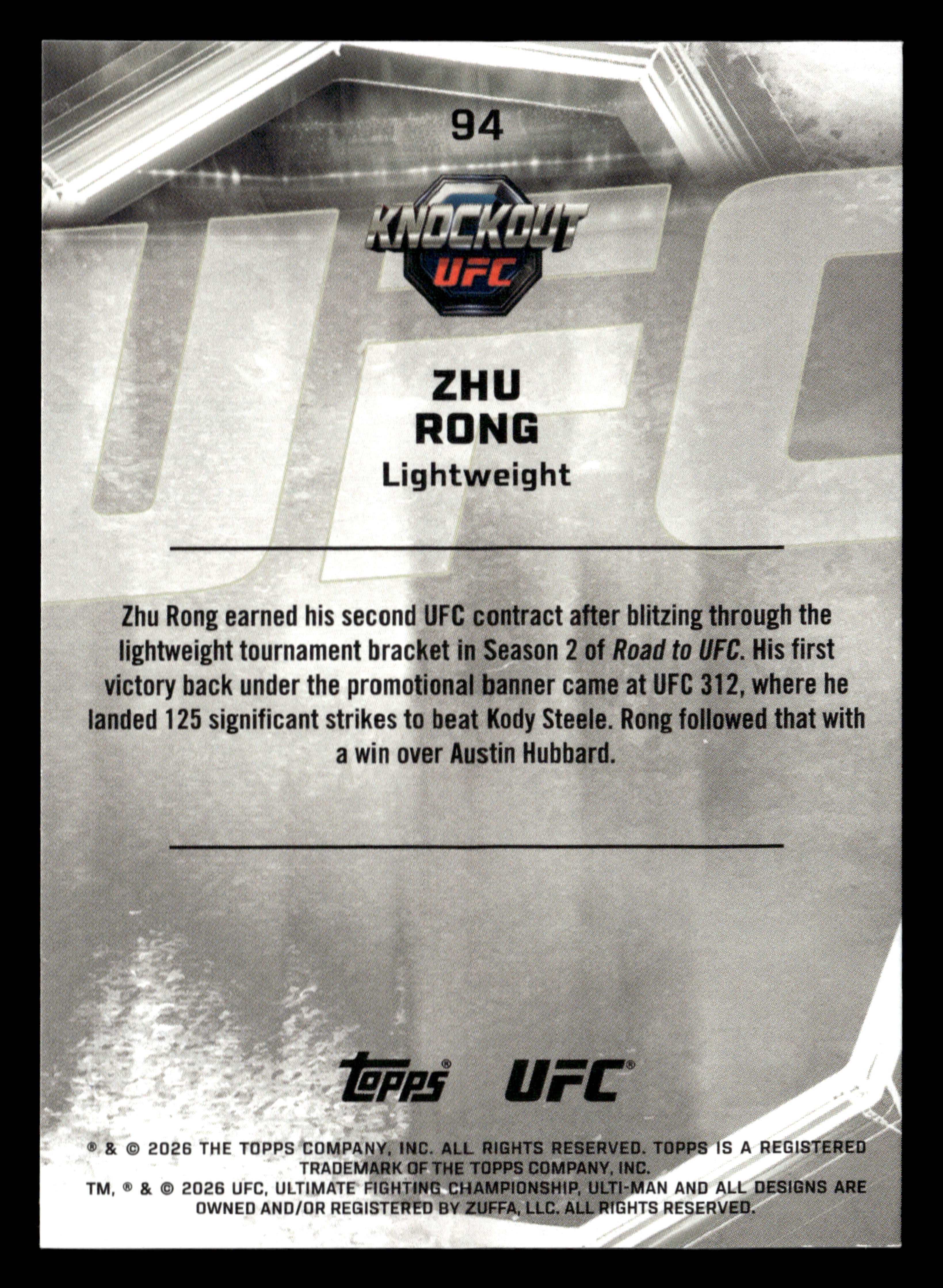 2026 Topps Knockout UFC #94 Zhu Rong Bronze #/299