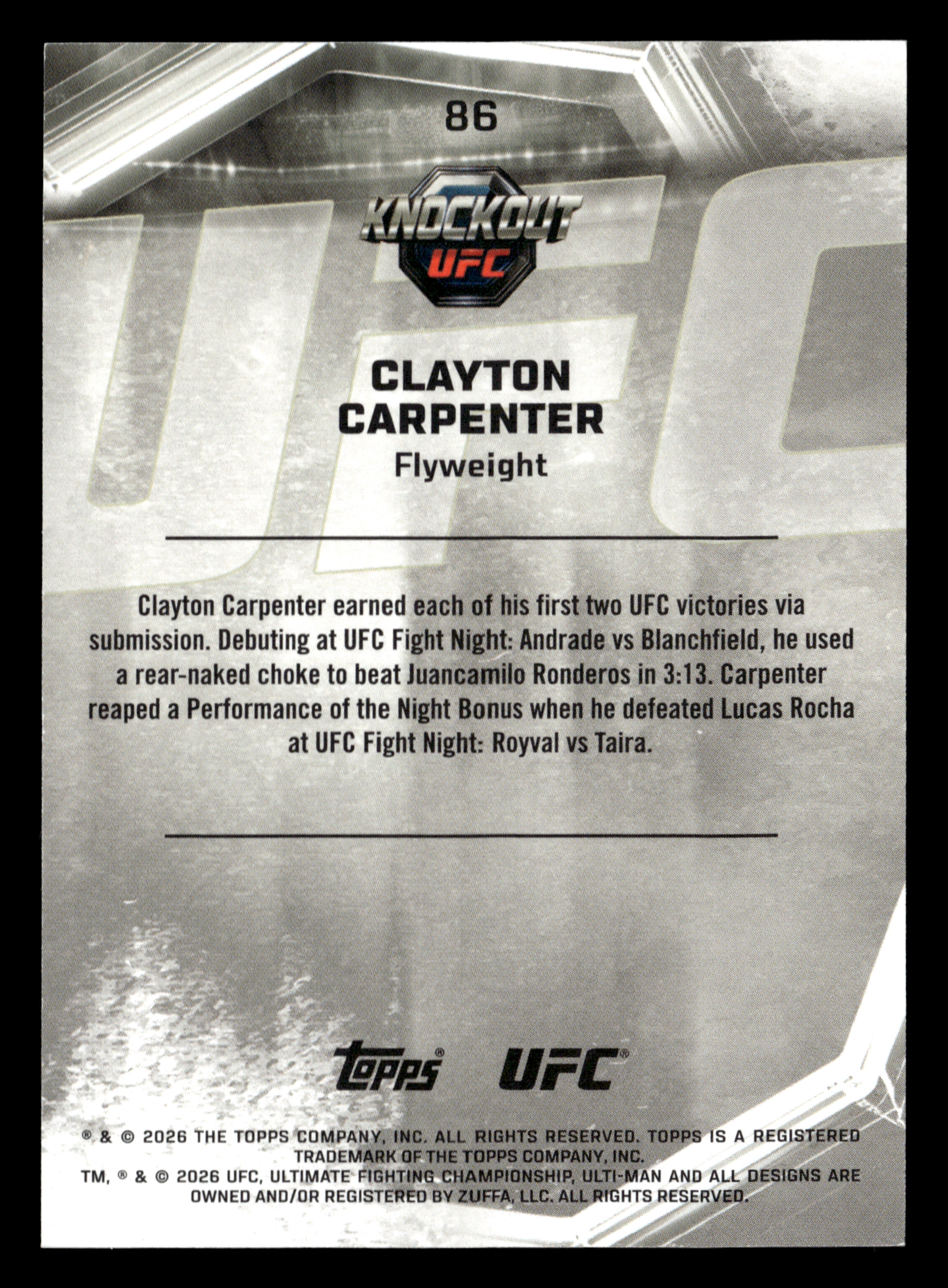 2026 Topps Knockout UFC #86 Clayton Carpenter Holo Silver #/125