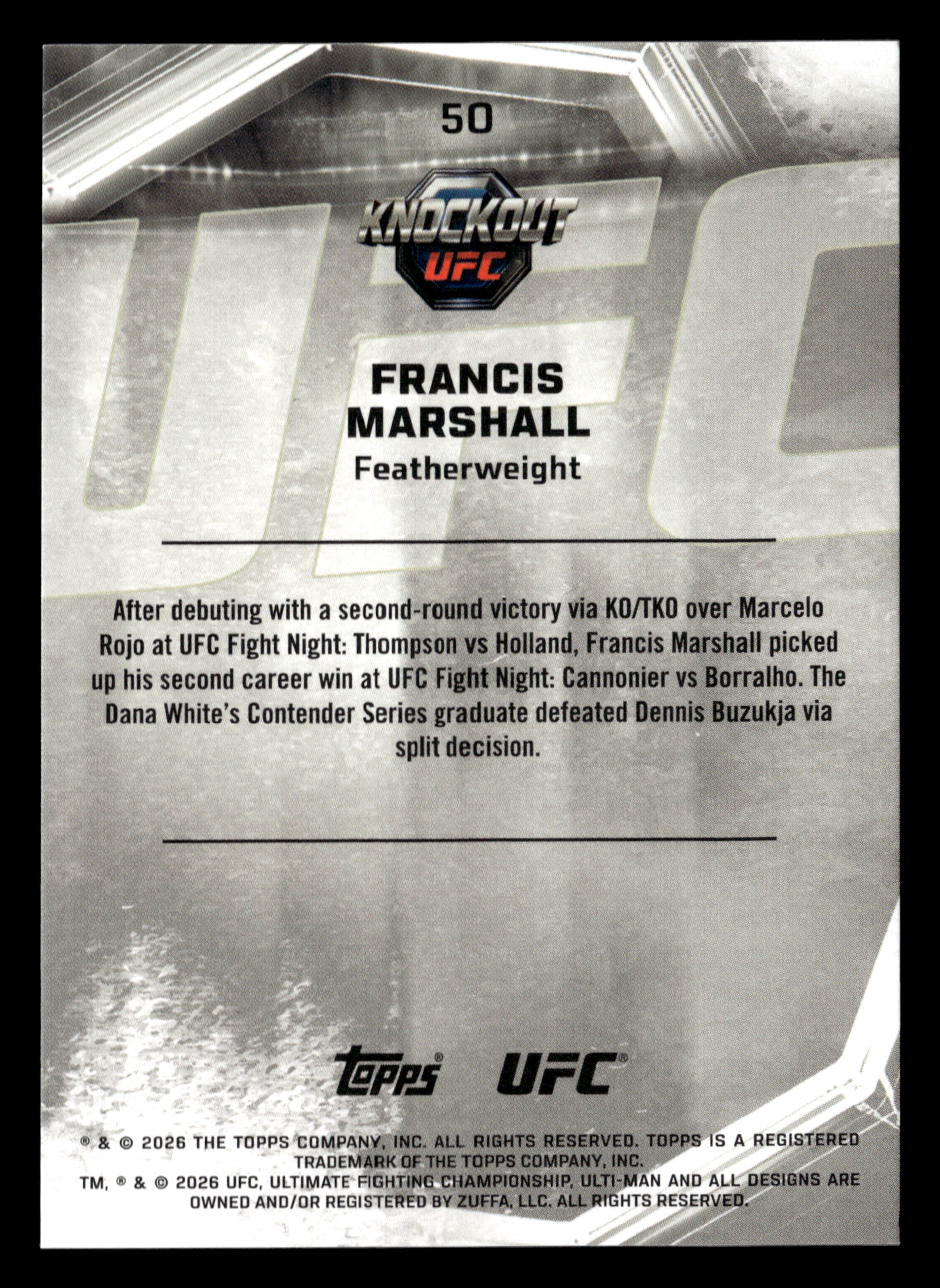 2026 Topps Knockout UFC #50 Francis Marshall Bronze #/299