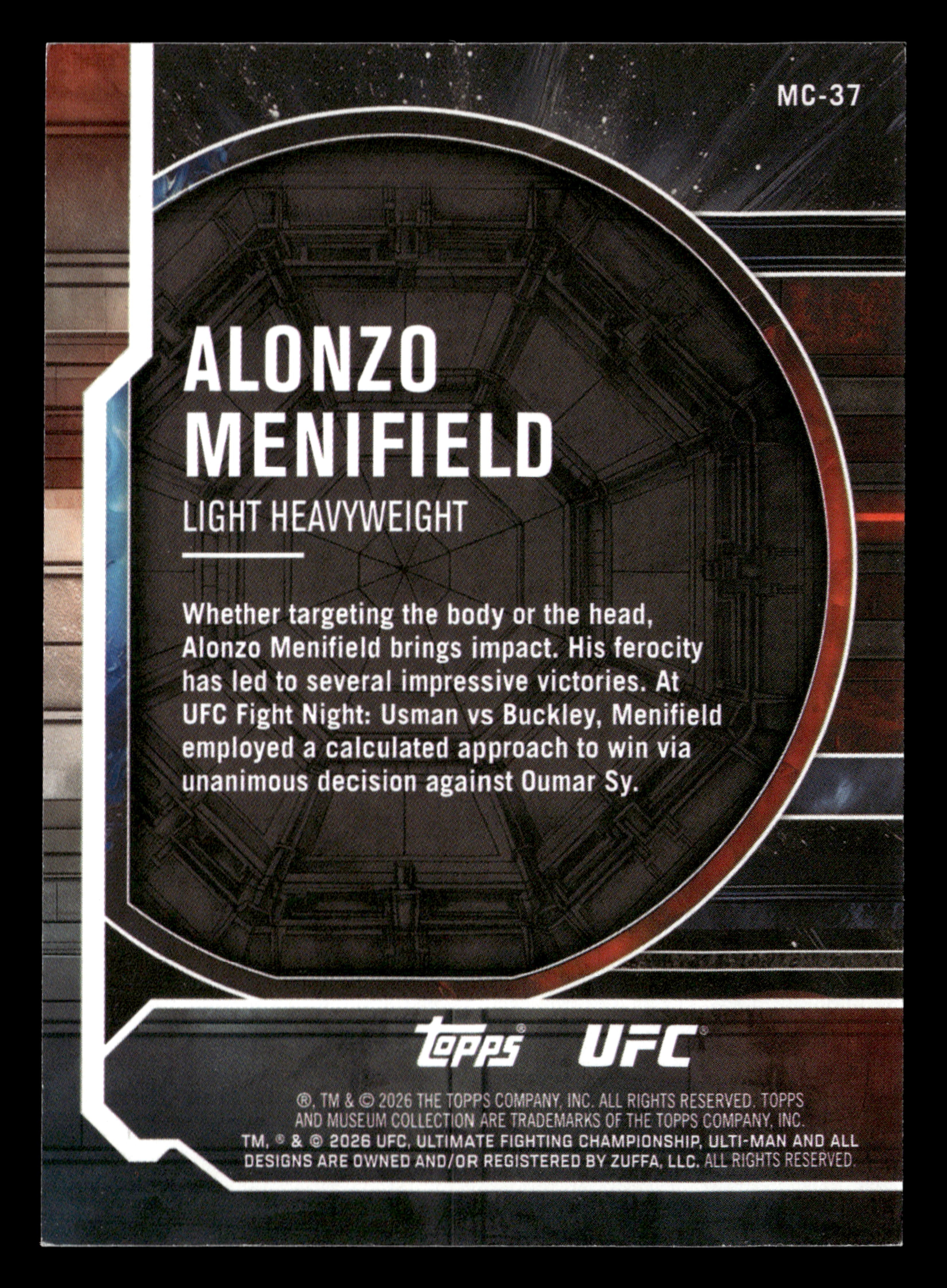 2026 Topps Knockout UFC #MC-37 Alonzo Menifield Museum Collection Red #/25