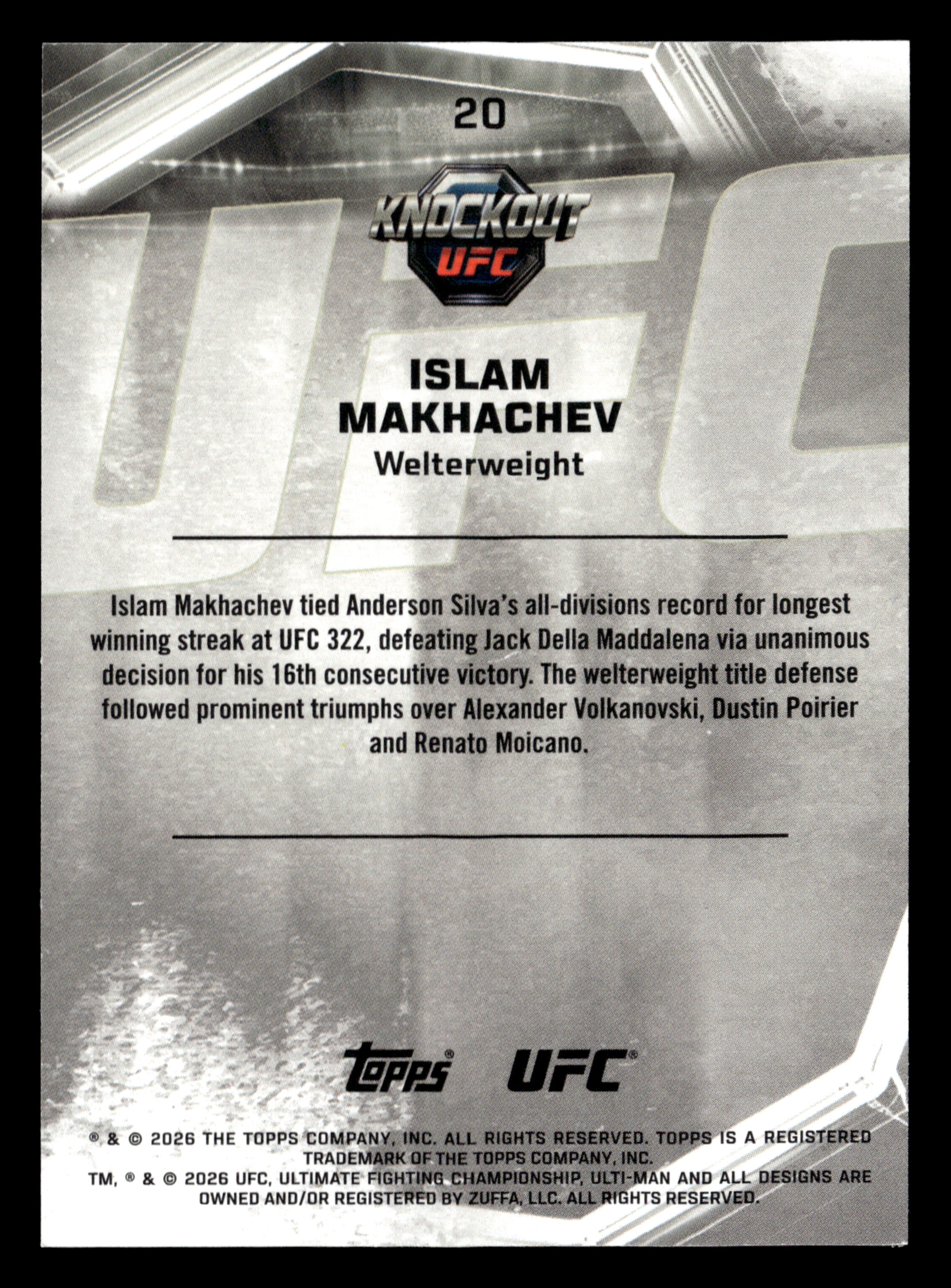 2026 Topps Knockout UFC #20 Islam Makhachev Teal #/149