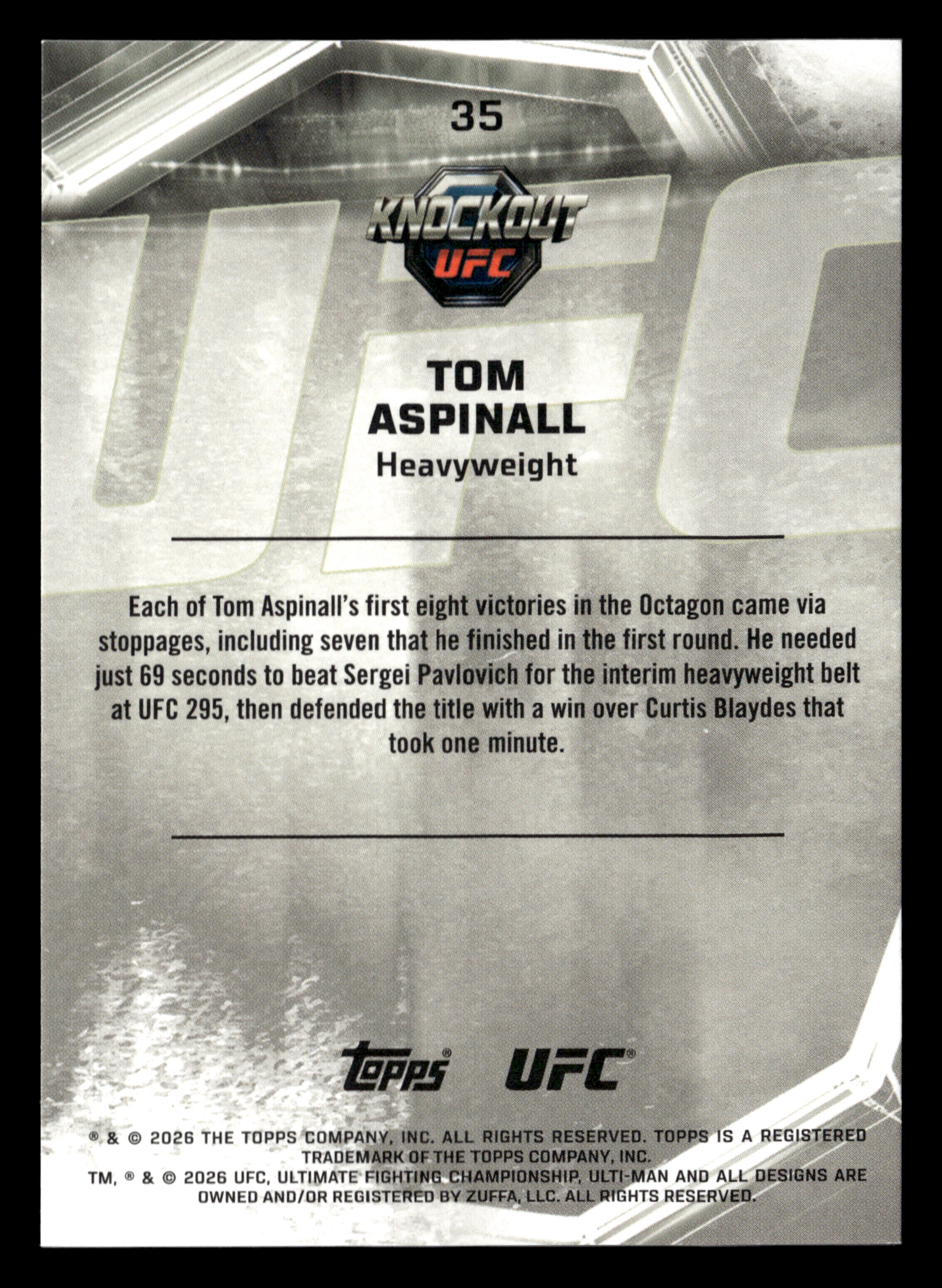 2026 Topps Knockout UFC #35 Tom Aspinall Black & White #/15