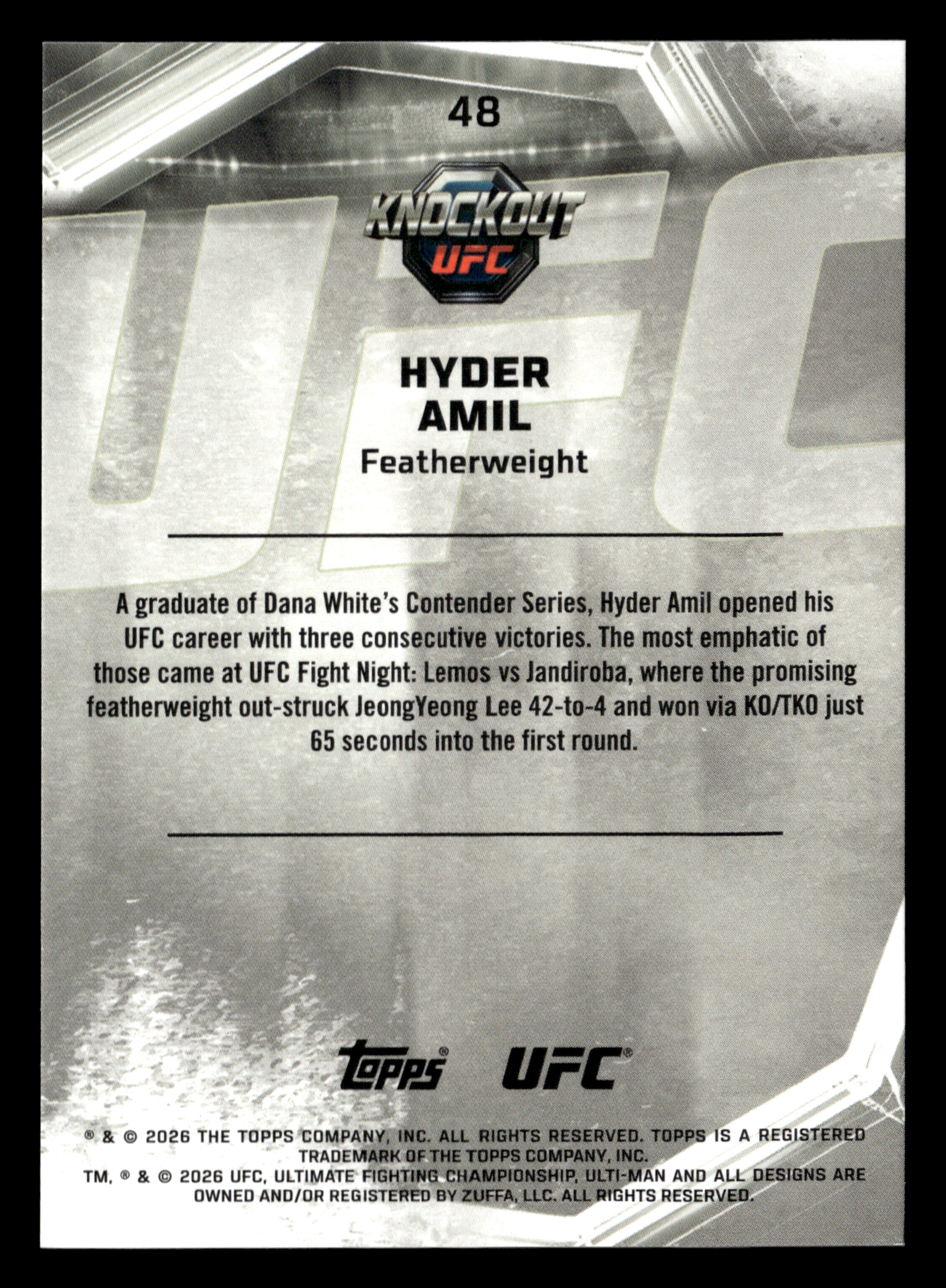 2026 Topps Knockout UFC #48 Hyder Amil Black & White #/15