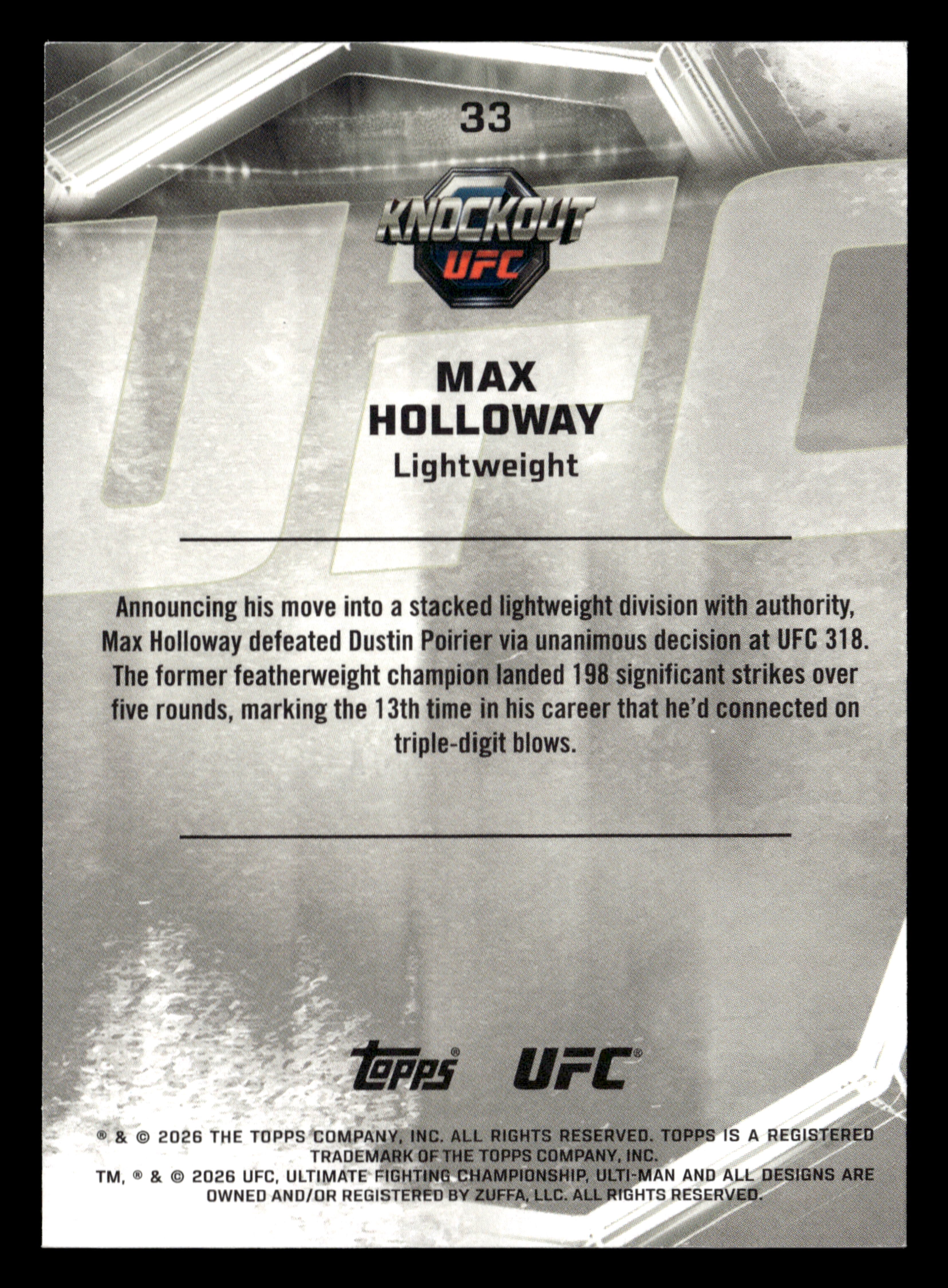 2026 Topps Knockout UFC #33 Max Holloway Orange #/88