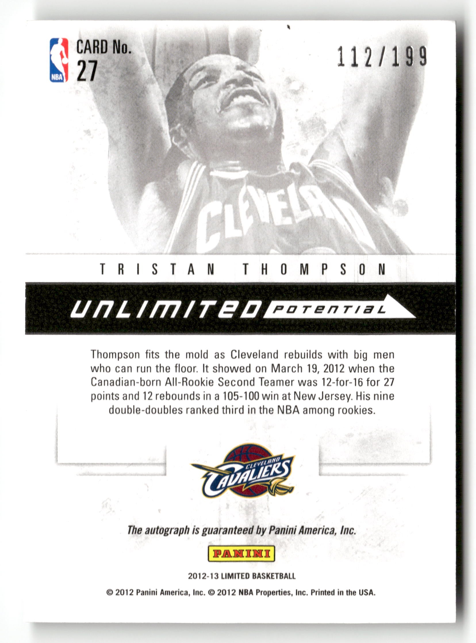 2012-13 Panini Limited #27 Tristan Thompson Unlimited Potential Signatures #/199