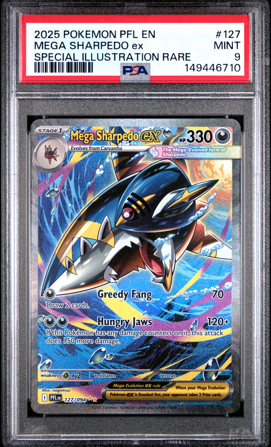 2025 Pokemon Pfl En-Phantasmal Flames #127 Mega Sharpedo Ex SIR PSA 9