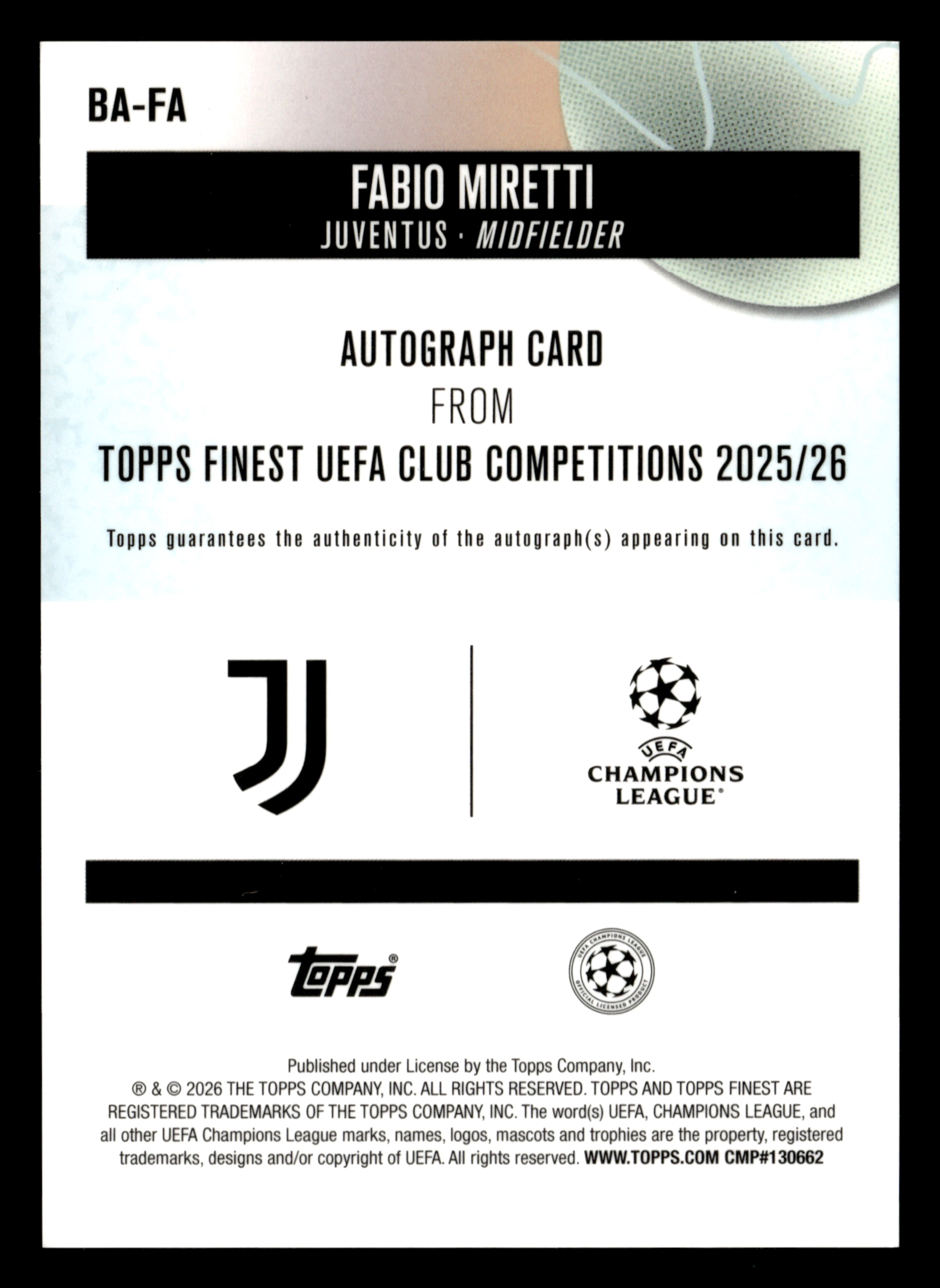 2025-26 Finest UCC #BA-FA Fabio Miretti Base Autographs Purple Refractor #/75