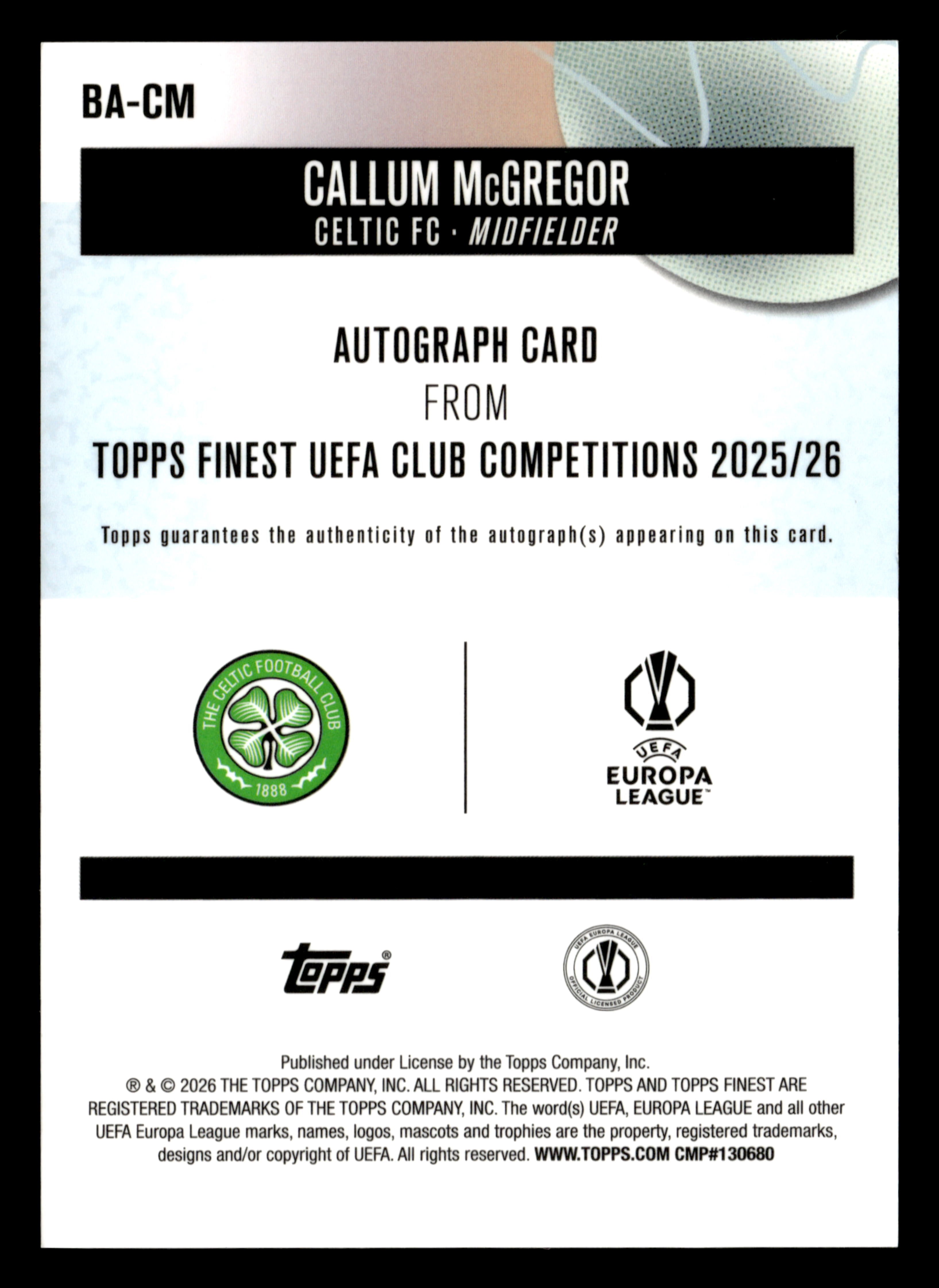2025-26 Finest UEFA Club Competitions #BA-CM Callum McGregor Base Autographs