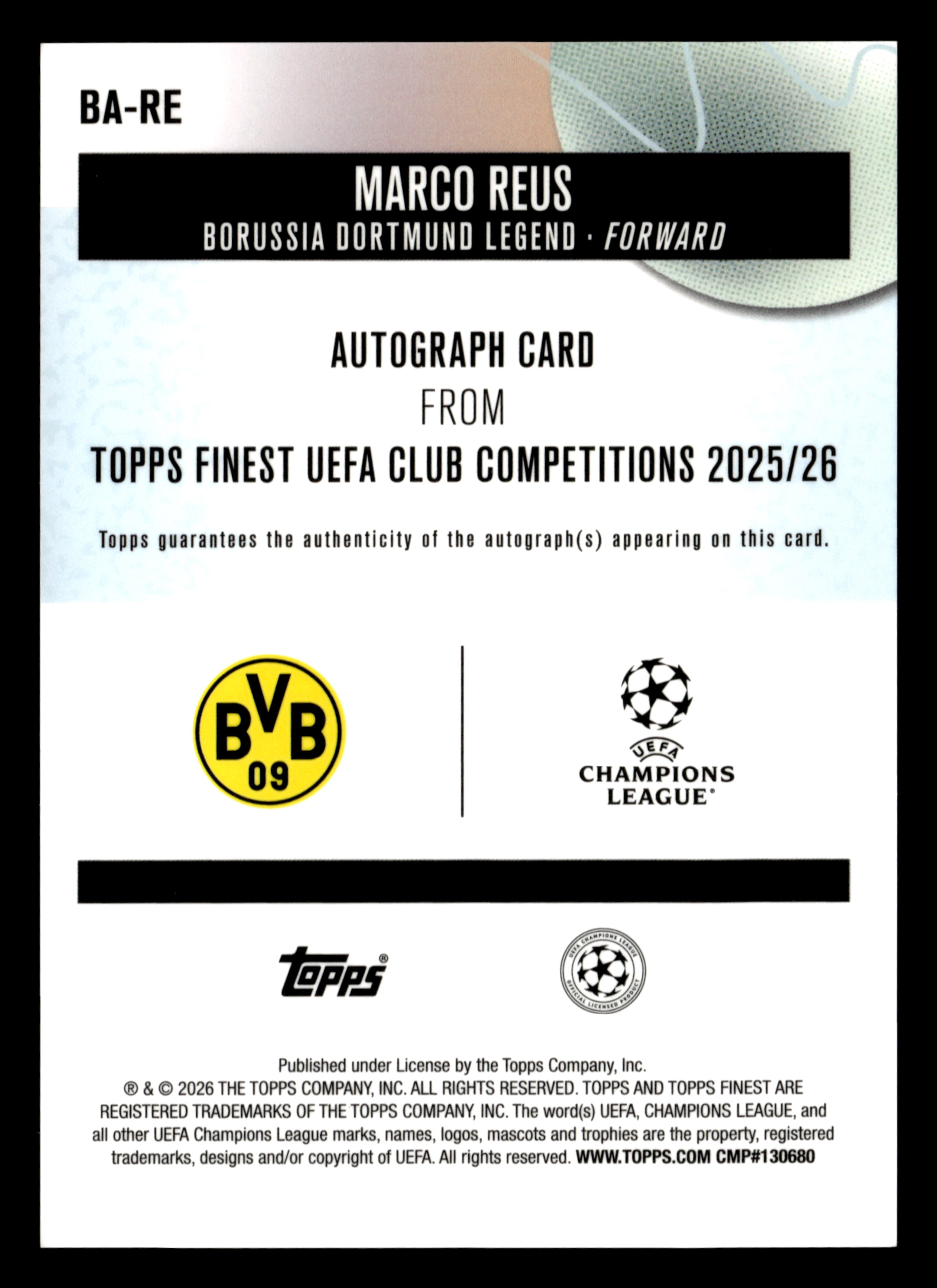 2025-26 Finest UCC #BA-RE Marco Reus Base Autographs Pink Refractor #/250