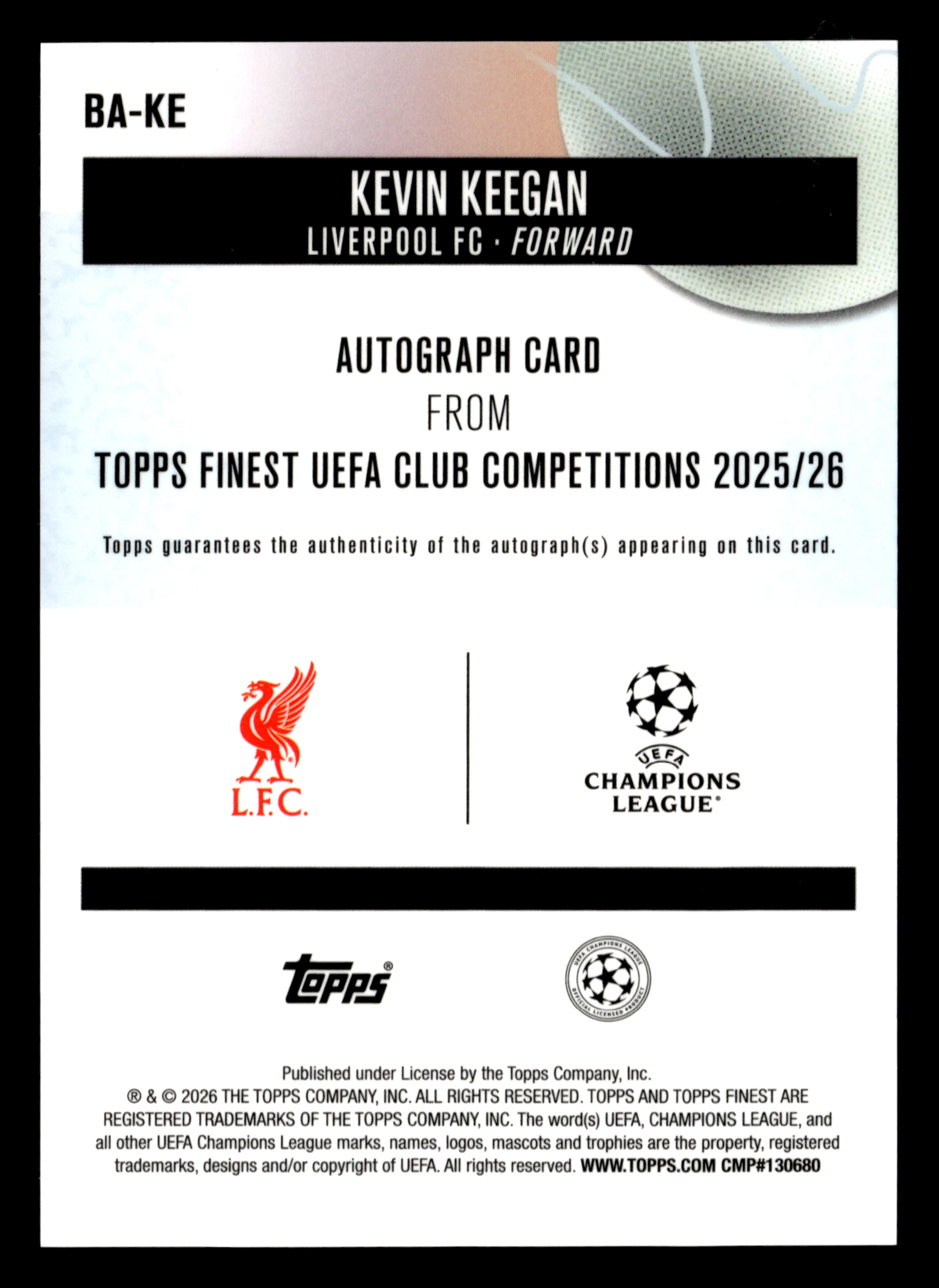 2025-26 Finest UCC #BA-KE Kevin Keegan Base Auto Orange Wave Refractor #/25