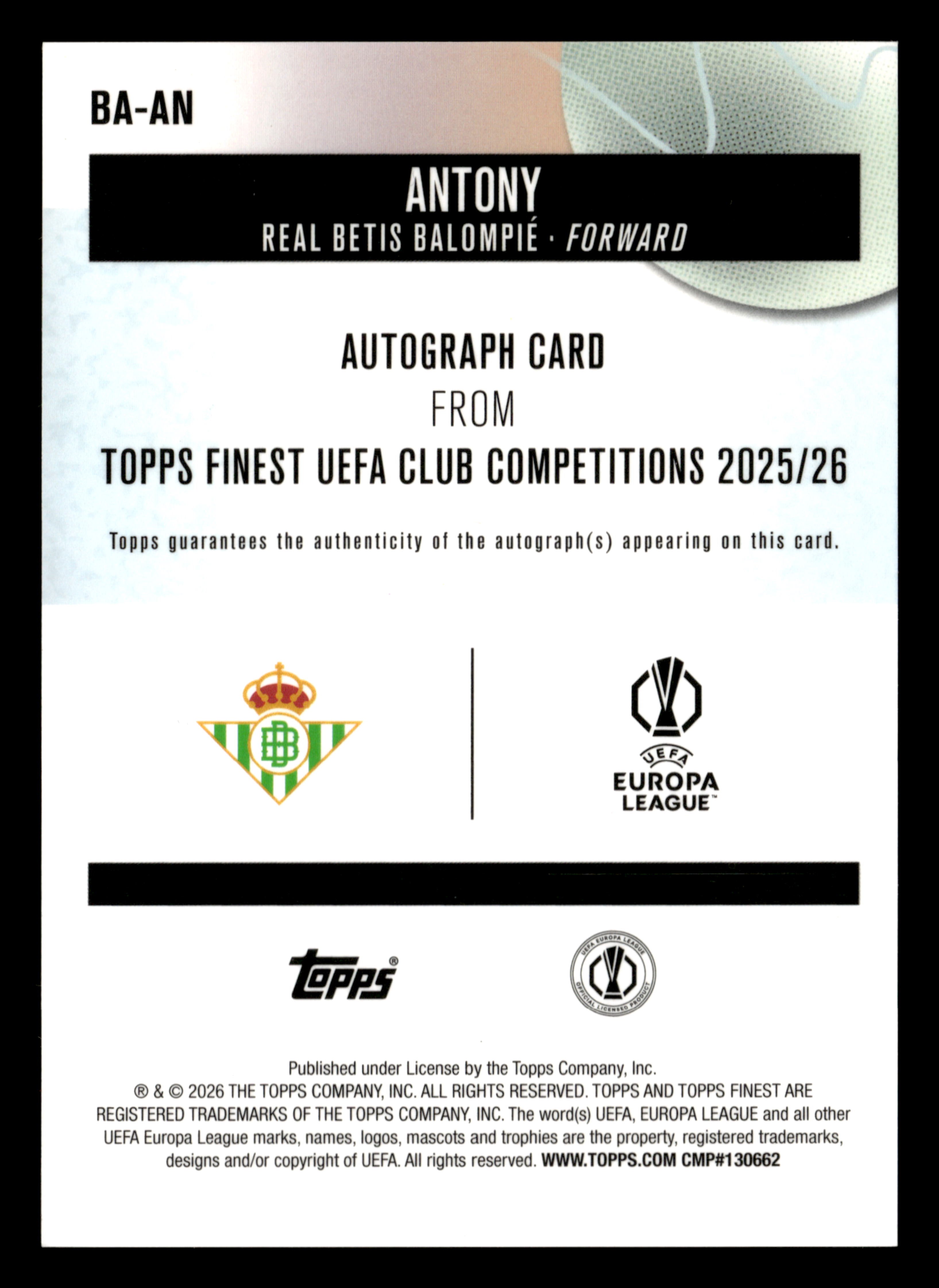 2025-26 Finest UCC #BA-AN Antony Base Autographs Gold Wave Refractor #/50