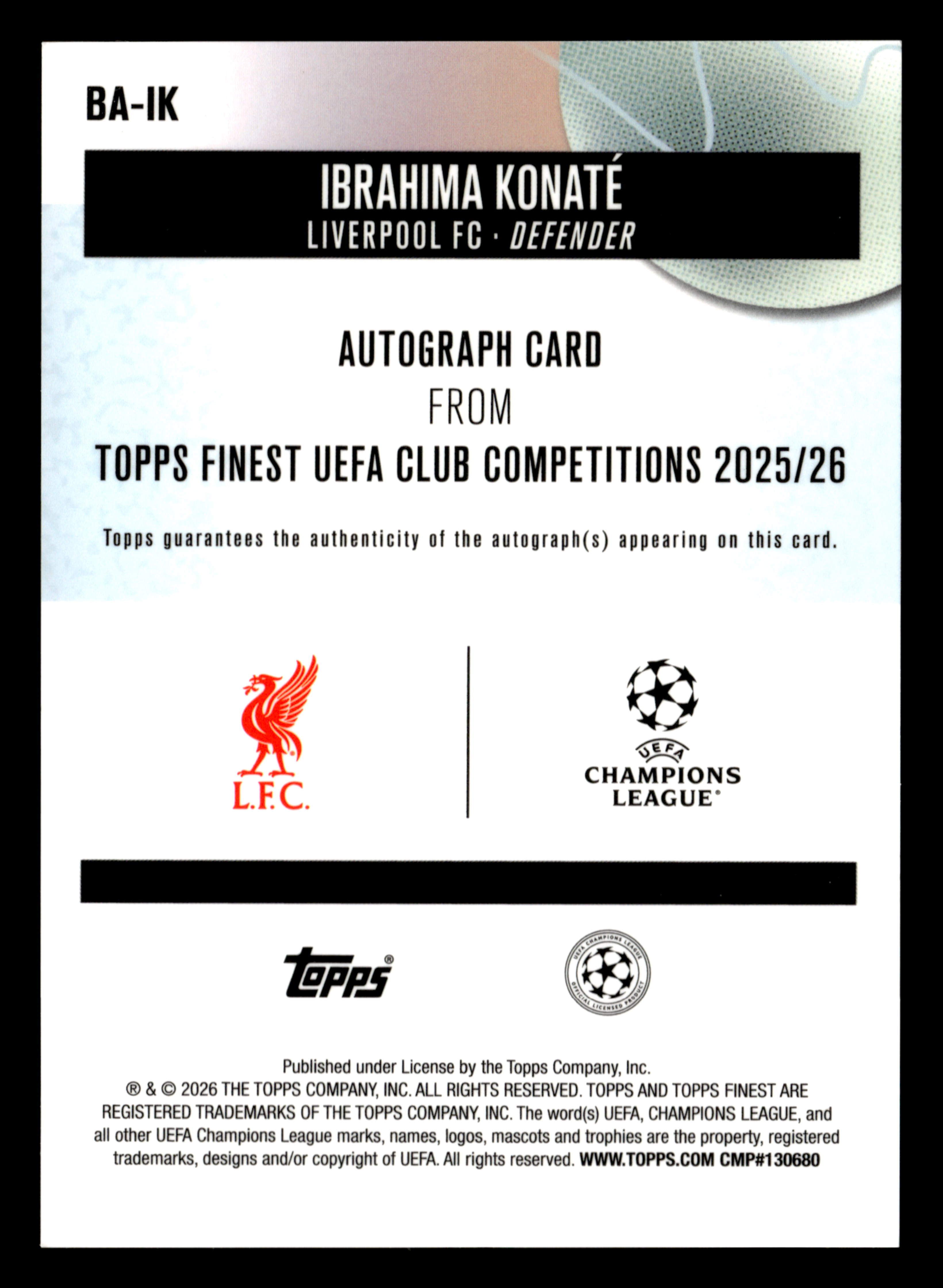 2025-26 Finest UCC #BA-IK Ibrahima Konaté Base Autographs Green Refractor #/99