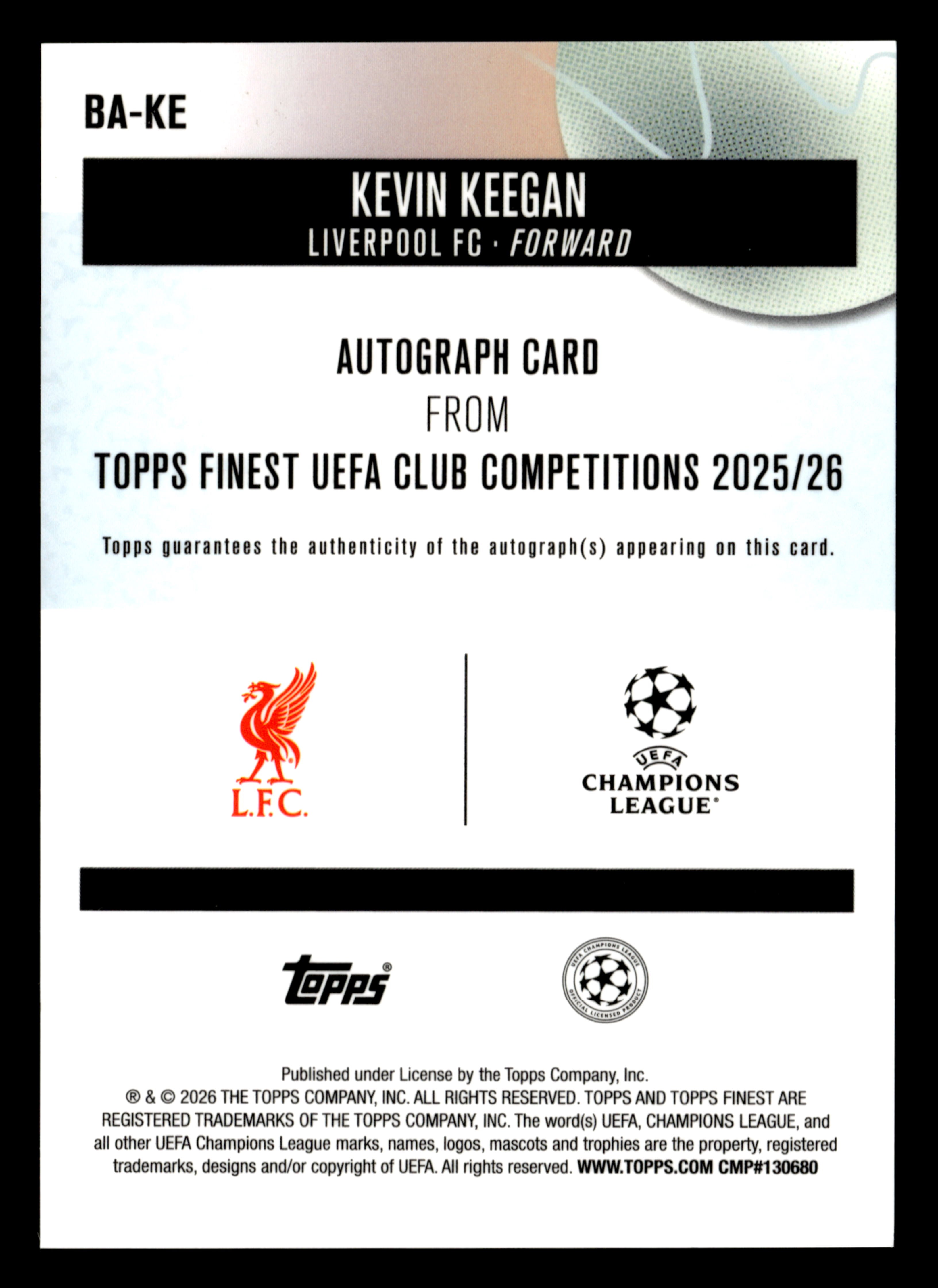 2025-26 Finest UCC #BA-KE Kevin Keegan Base Auto Purple Wave Refractor #/75