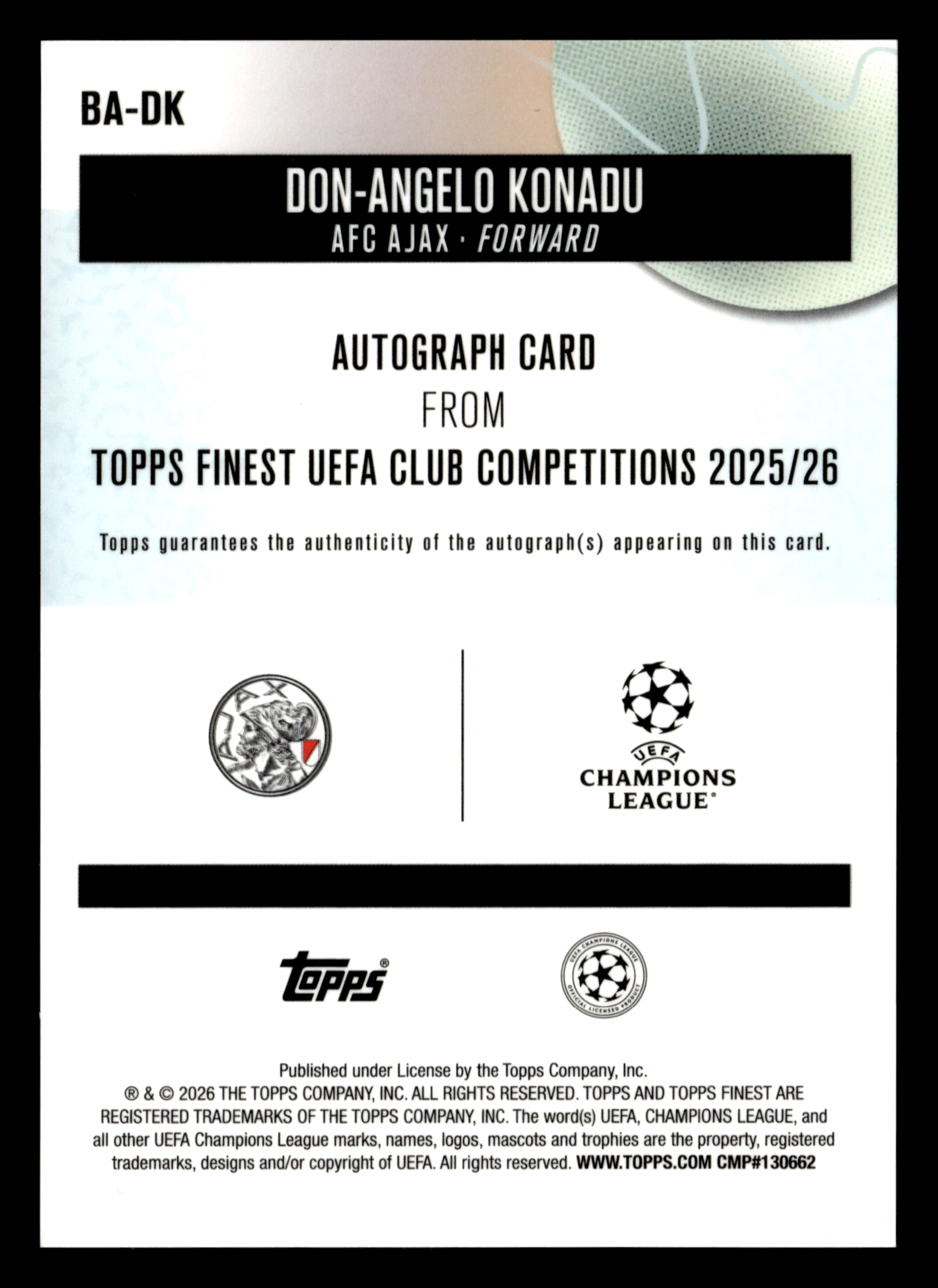 2025-26 Finest UEFA Club Competitions #BA-DK Don-Angelo Konadu Base Autographs