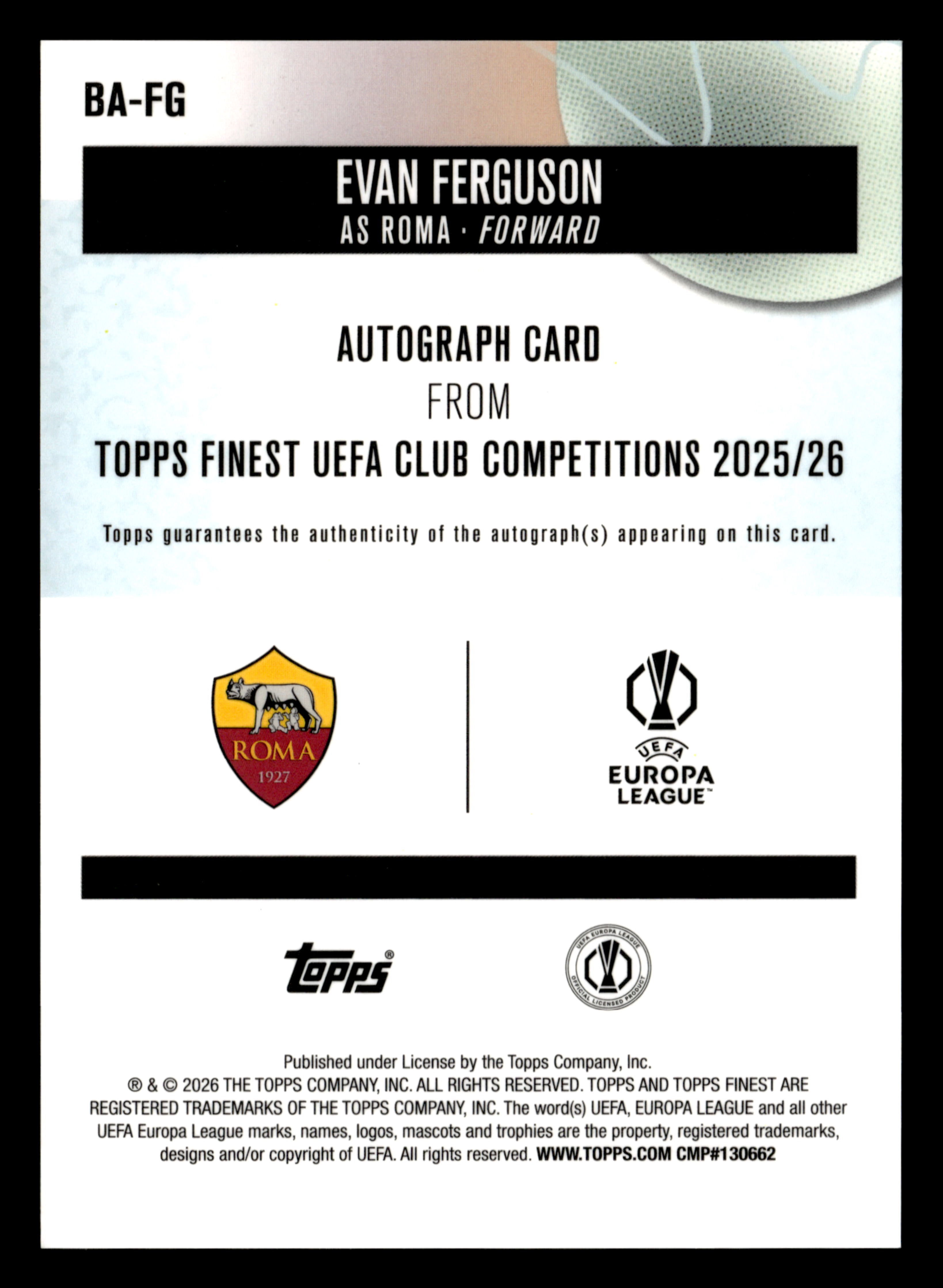 2025-26 Finest UCC #BA-FG Evan Ferguson Base Autographs Aqua Refractor #/199