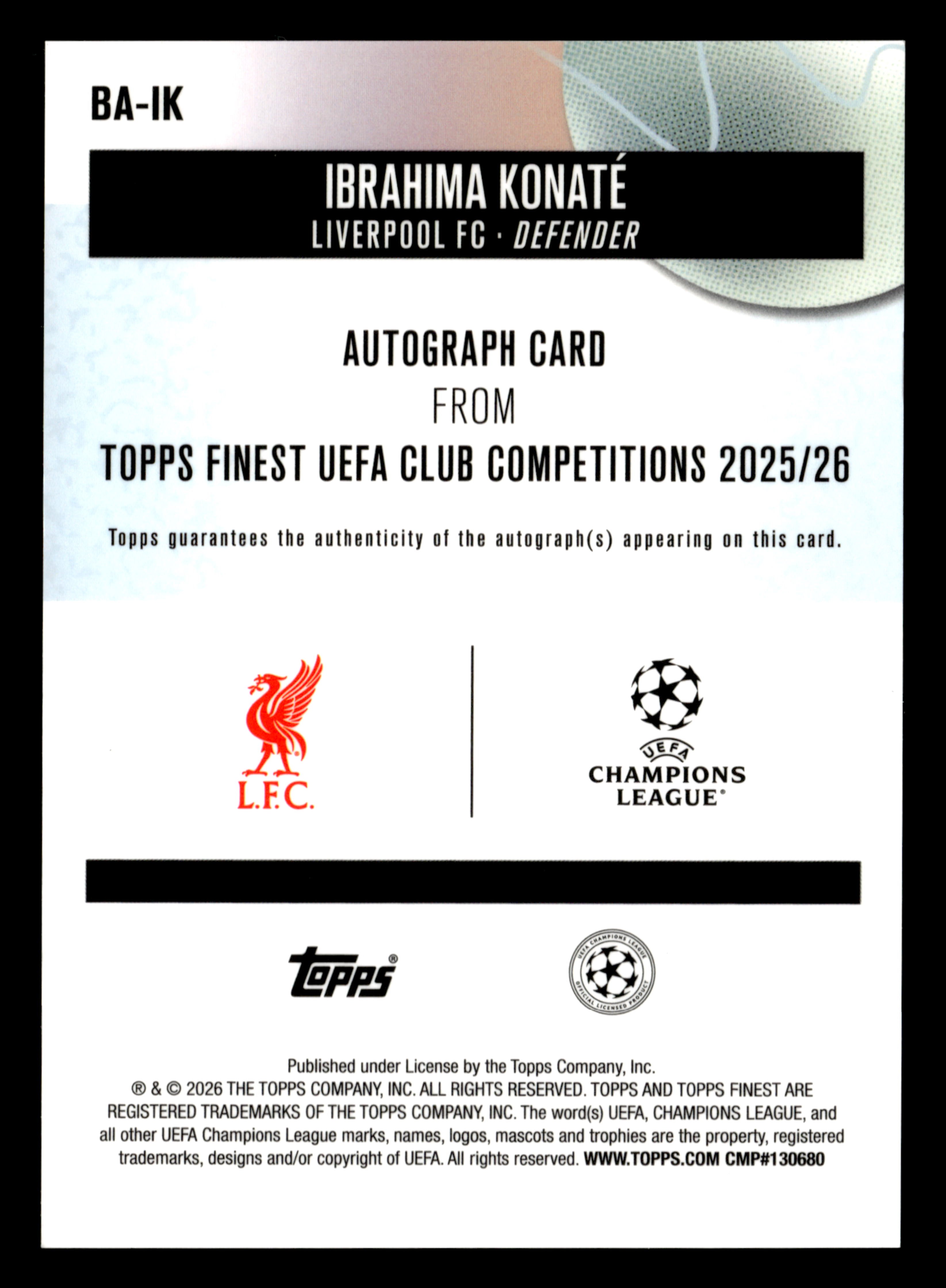 2025-26 Finest UEFA Club Competitions #BA-IK Ibrahima Konaté Base Autographs