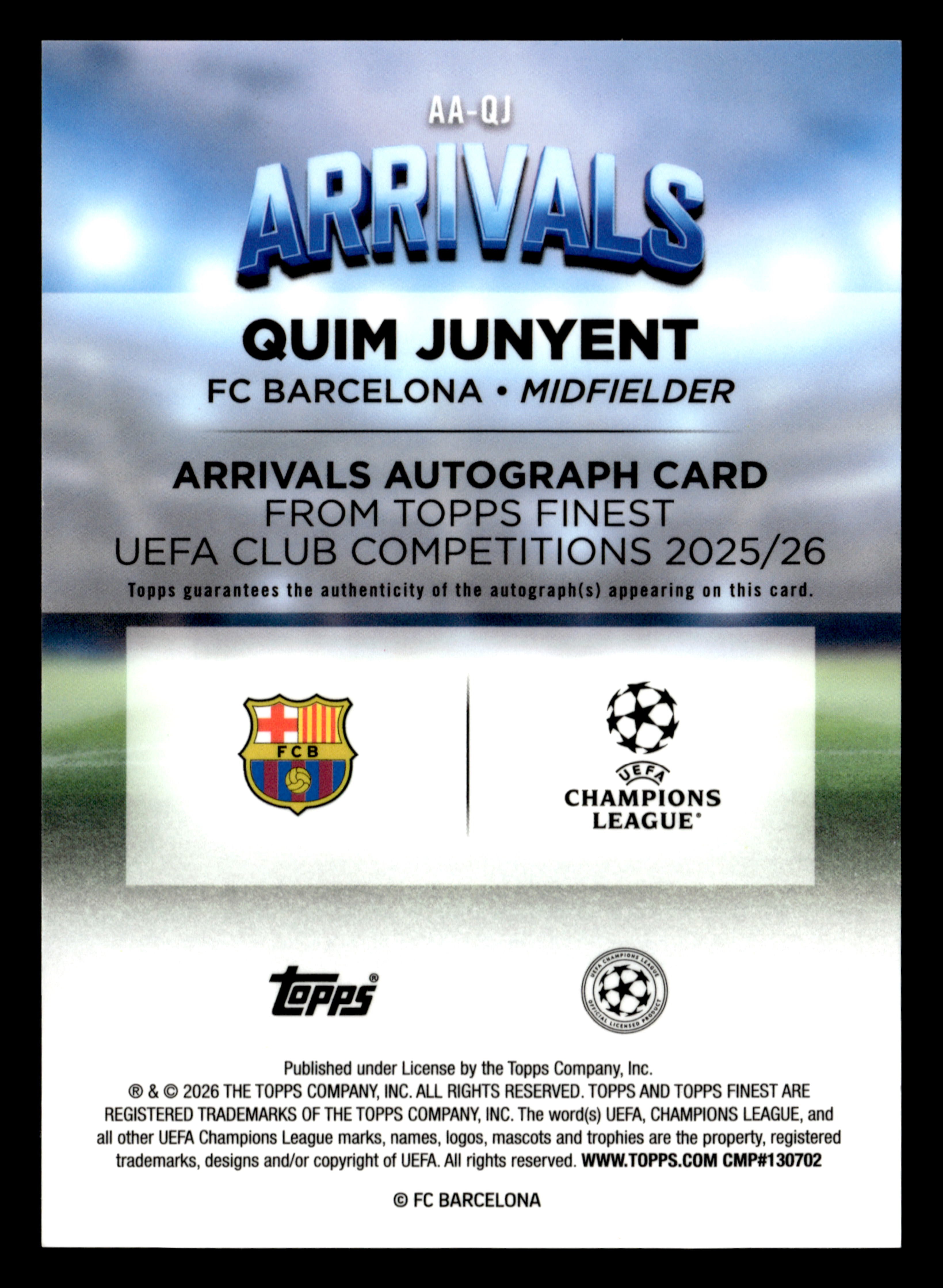 2025-26 Finest UCC #AA-QJ Quim Junyent Arrivals Autographs Green Refractor #/99