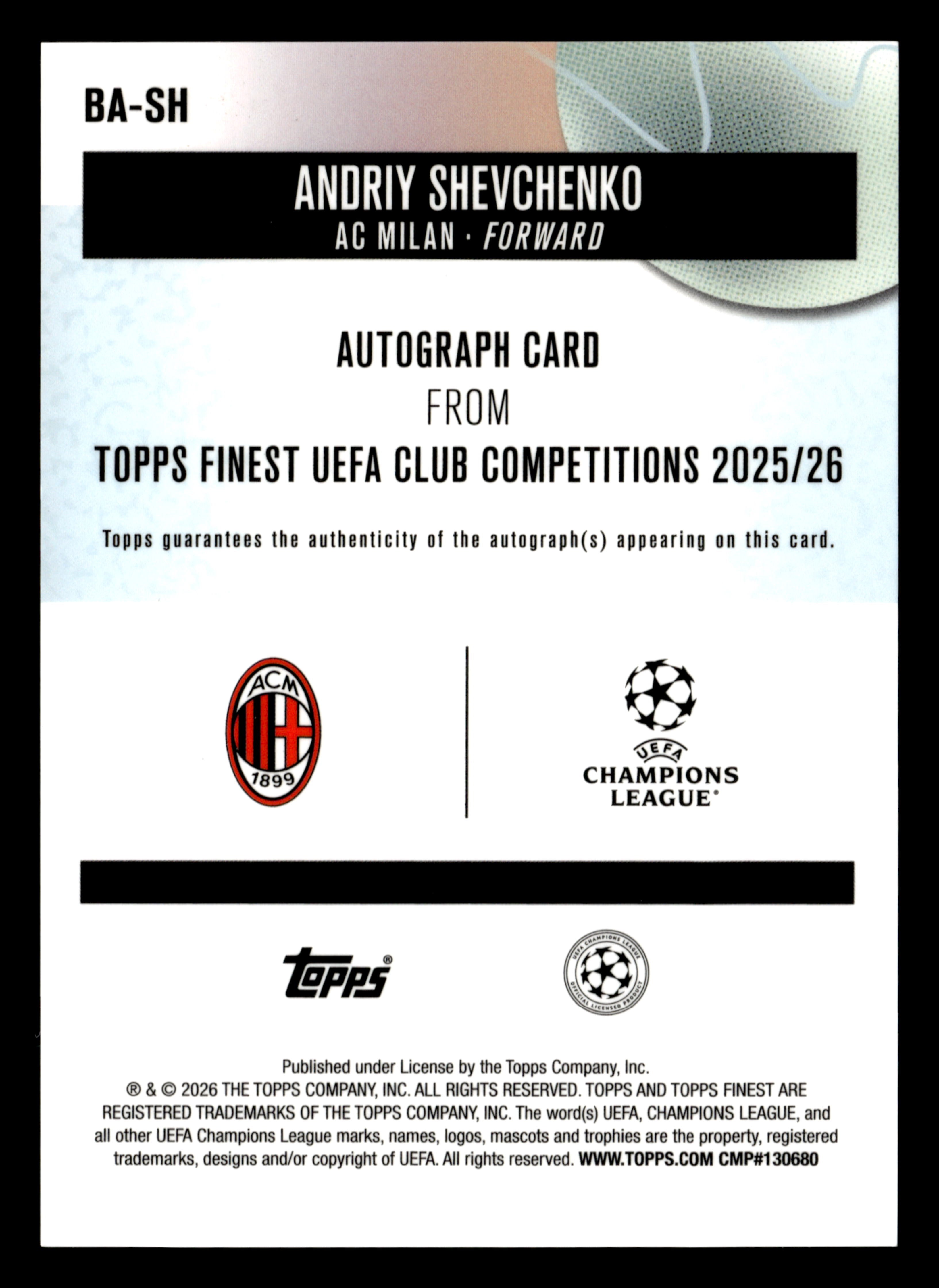 2025-26 Finest UCC #BA-SH Andriy Shevchenko Base Auto Purple Refractor #/75