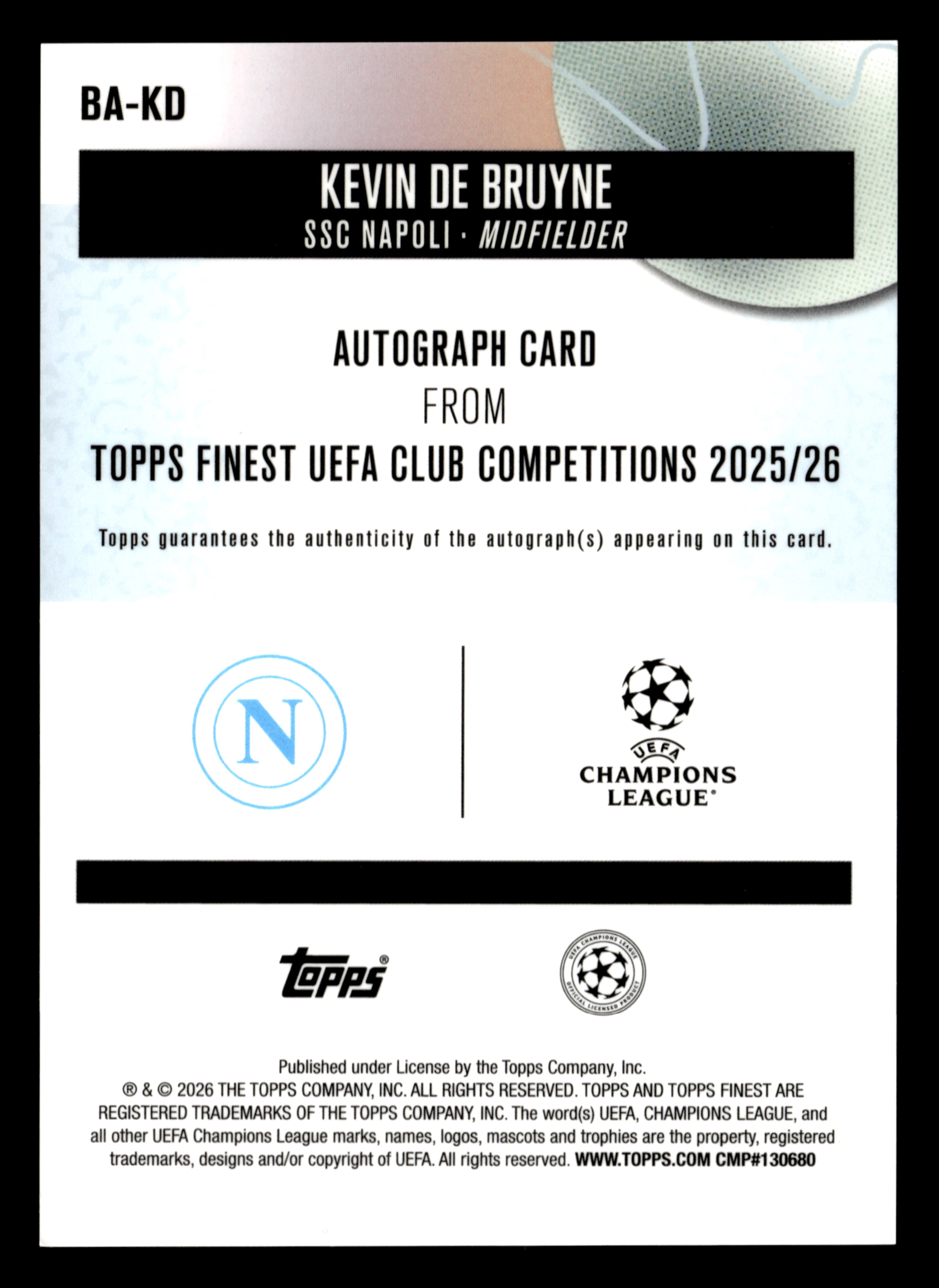 2025-26 Finest UCC #BA-KD Kevin De Bruyne Base Autographs Green Refractor #/99