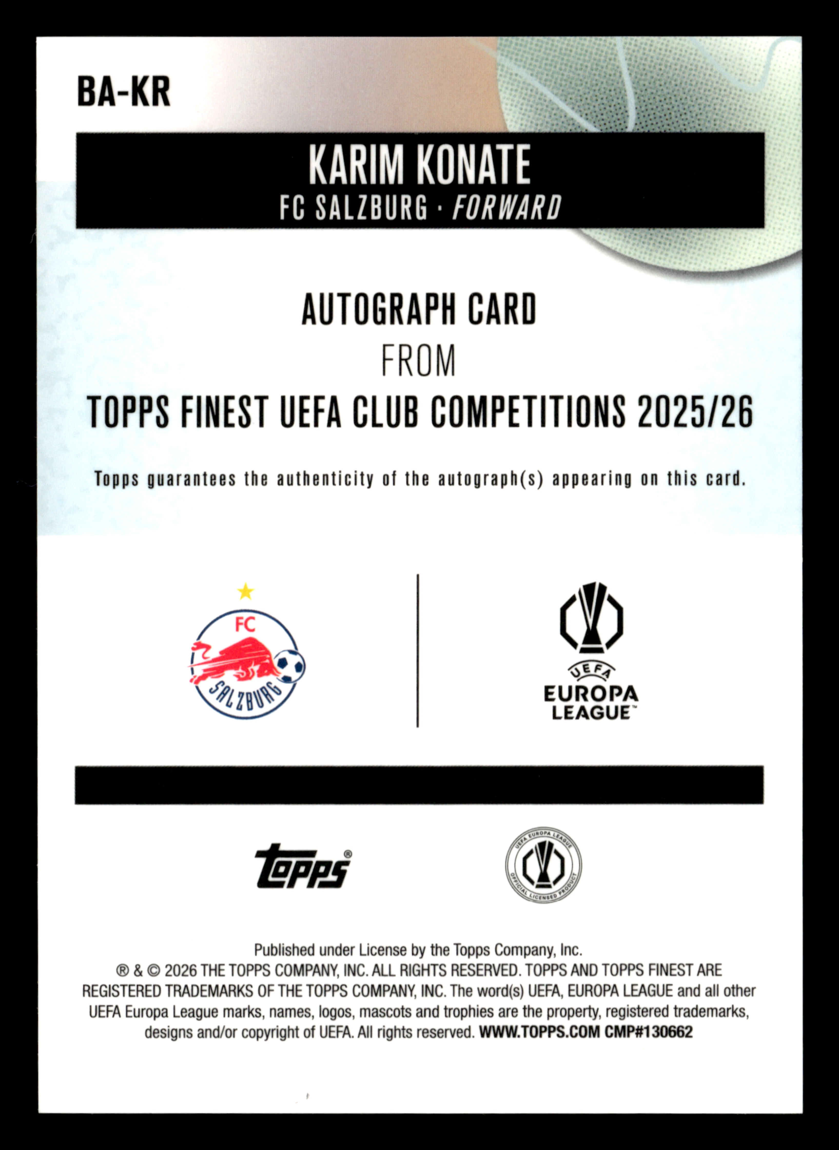 2025-26 Finest UEFA Club Competitions #BA-KR Karim Konate Base Autographs