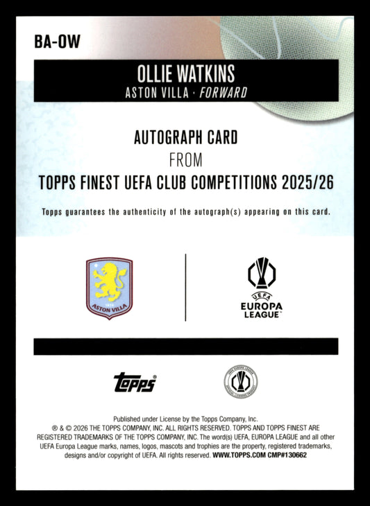 2025-26 Finest UCC #BA-OW Ollie Watkins Base Autographs Green Refractor #/99