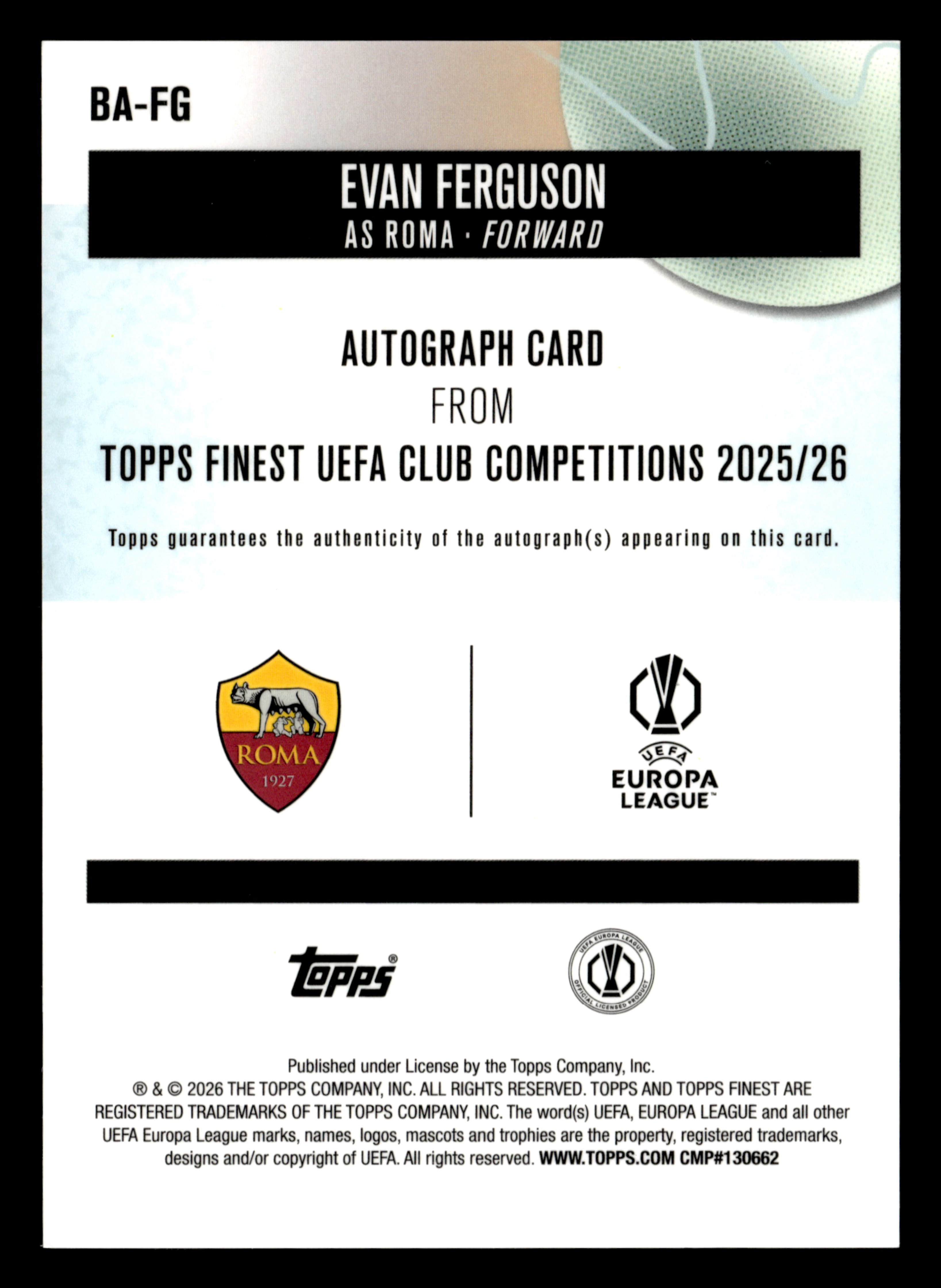 2025-26 Finest UEFA Club Competitions #BA-FG Evan Ferguson Base Autographs