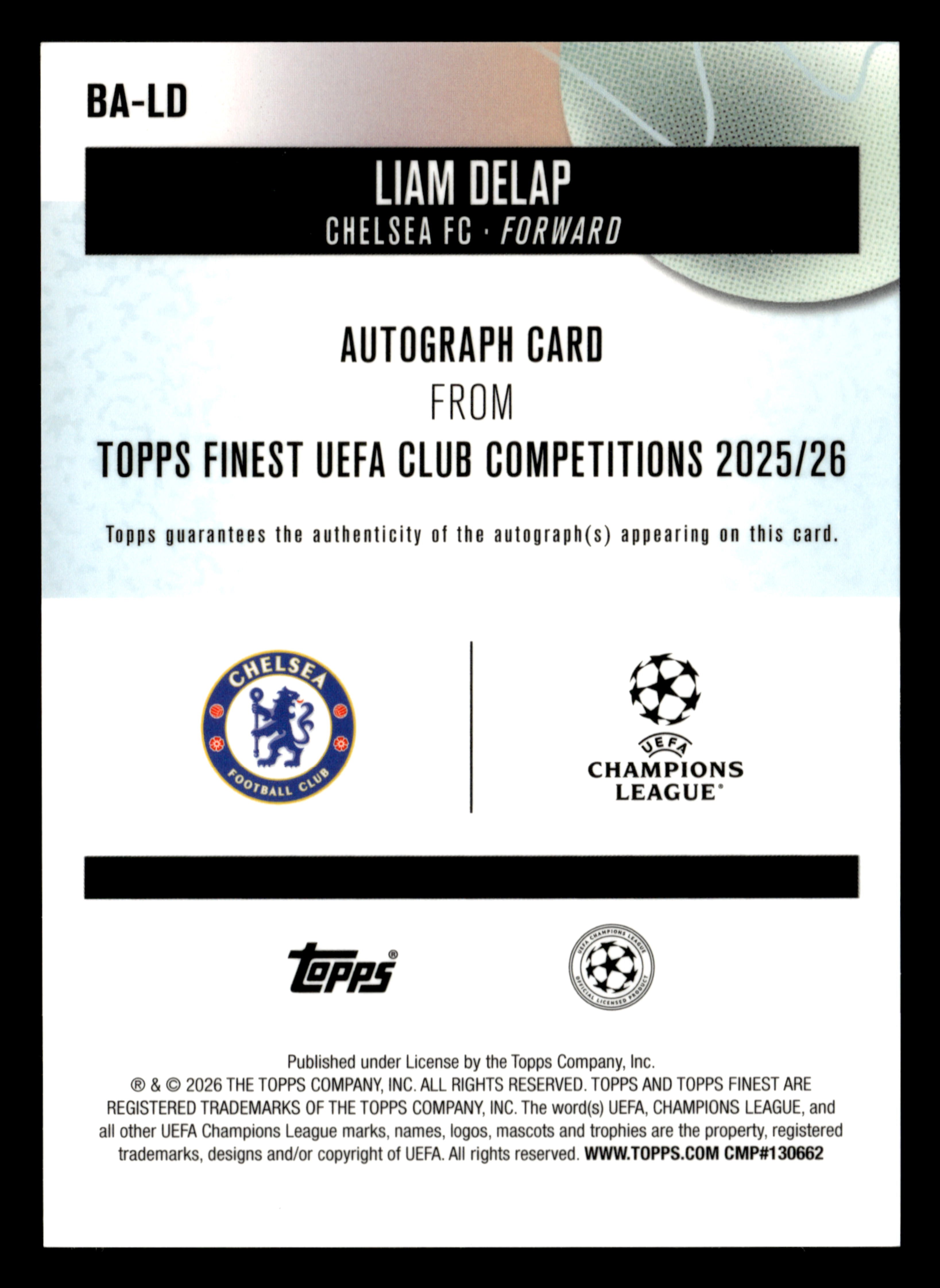 2025-26 Finest UCC #BA-LD Liam Delap Base Autographs Green Wave Refractor #/99