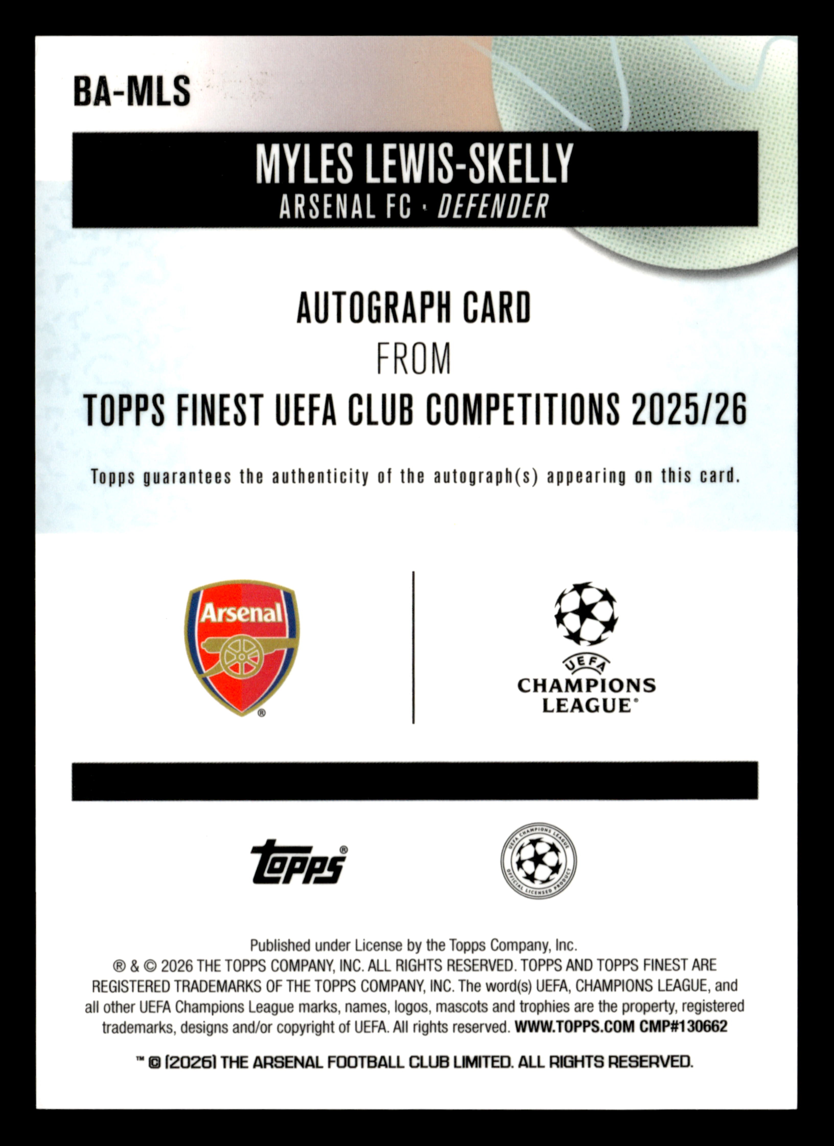 2025-26 Finest UCC #BA-MLS Myles Lewis-Skelly Base Auto Aqua Refractor #/199