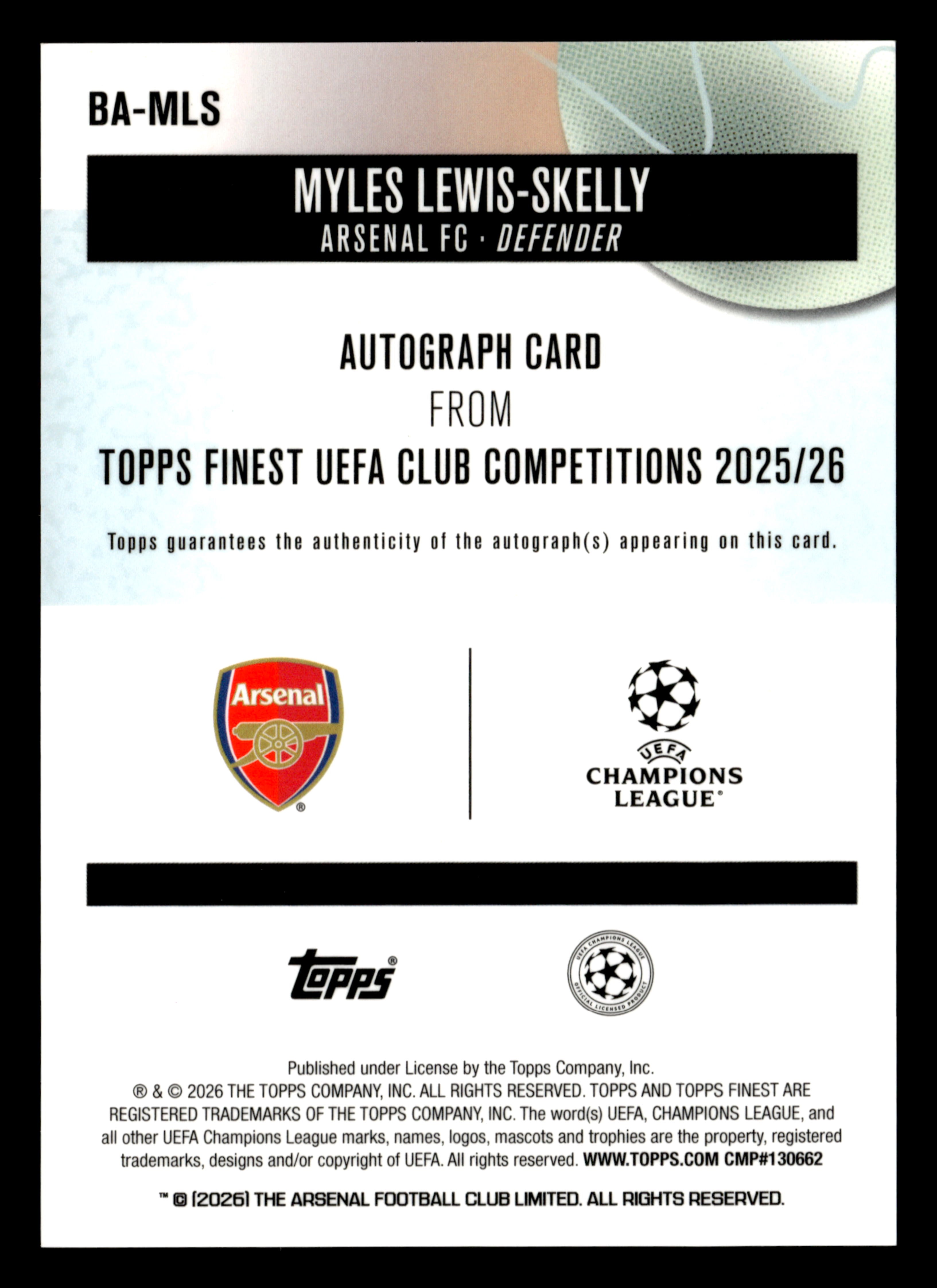 2025-26 Finest UCC #BA-MLS Myles Lewis-Skelly Base Auto Blue Refractor #/150