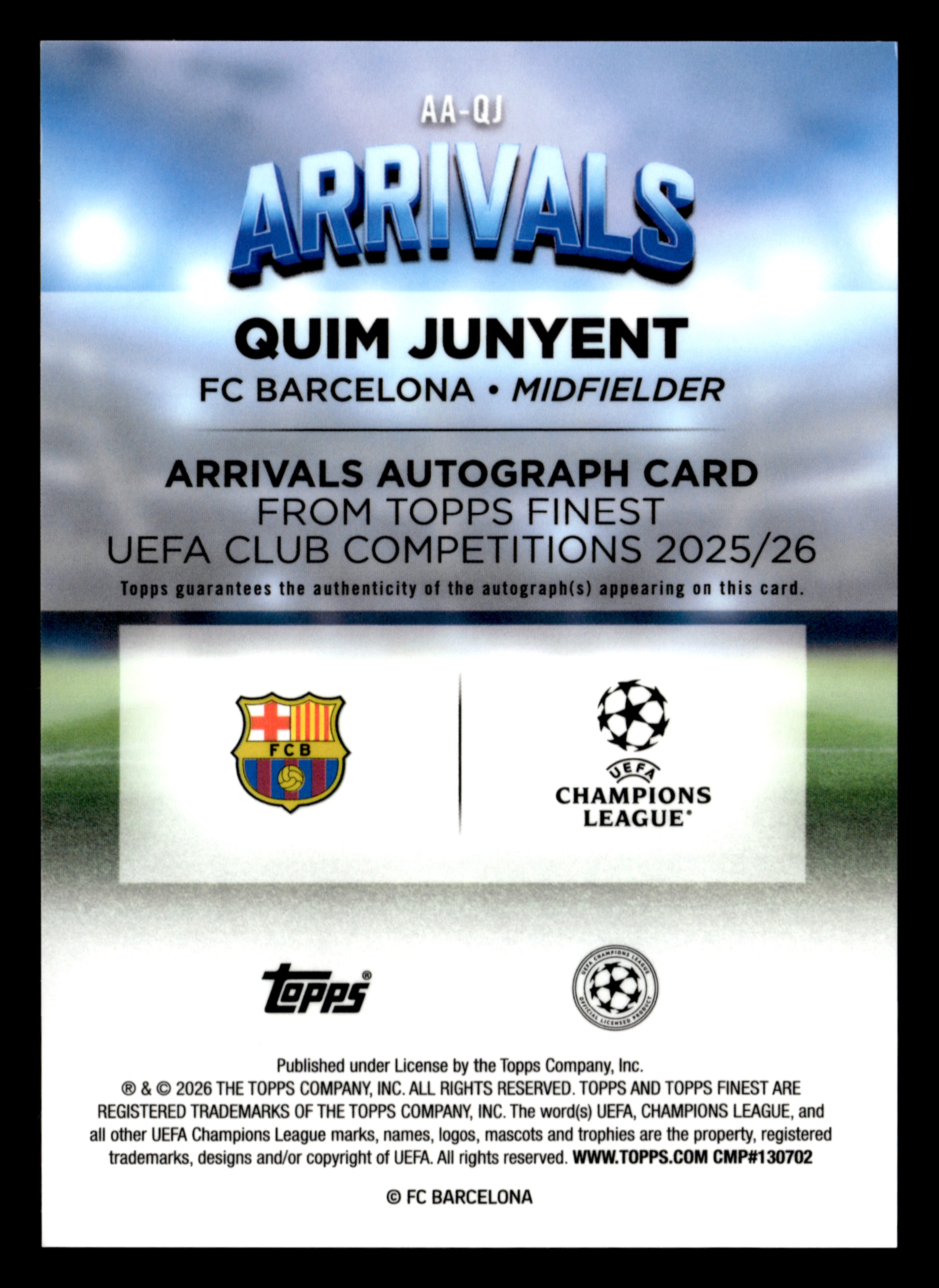 2025-26 Finest UEFA Club Competitions #AA-QJ Quim Junyent Arrivals Autographs