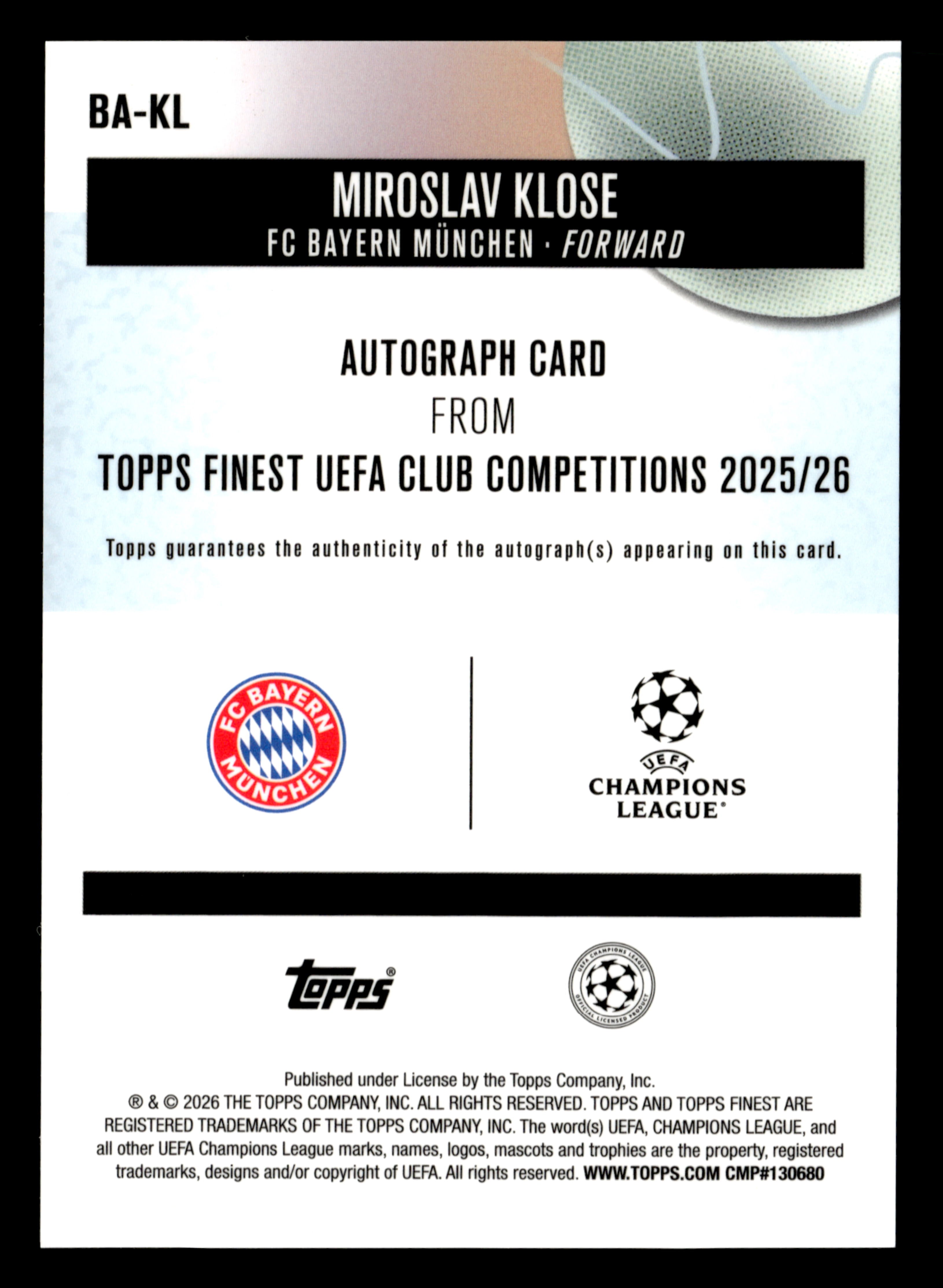 2025-26 Finest UCC #BA-KL Miroslav Klose Base Autographs Green Refractor #/99