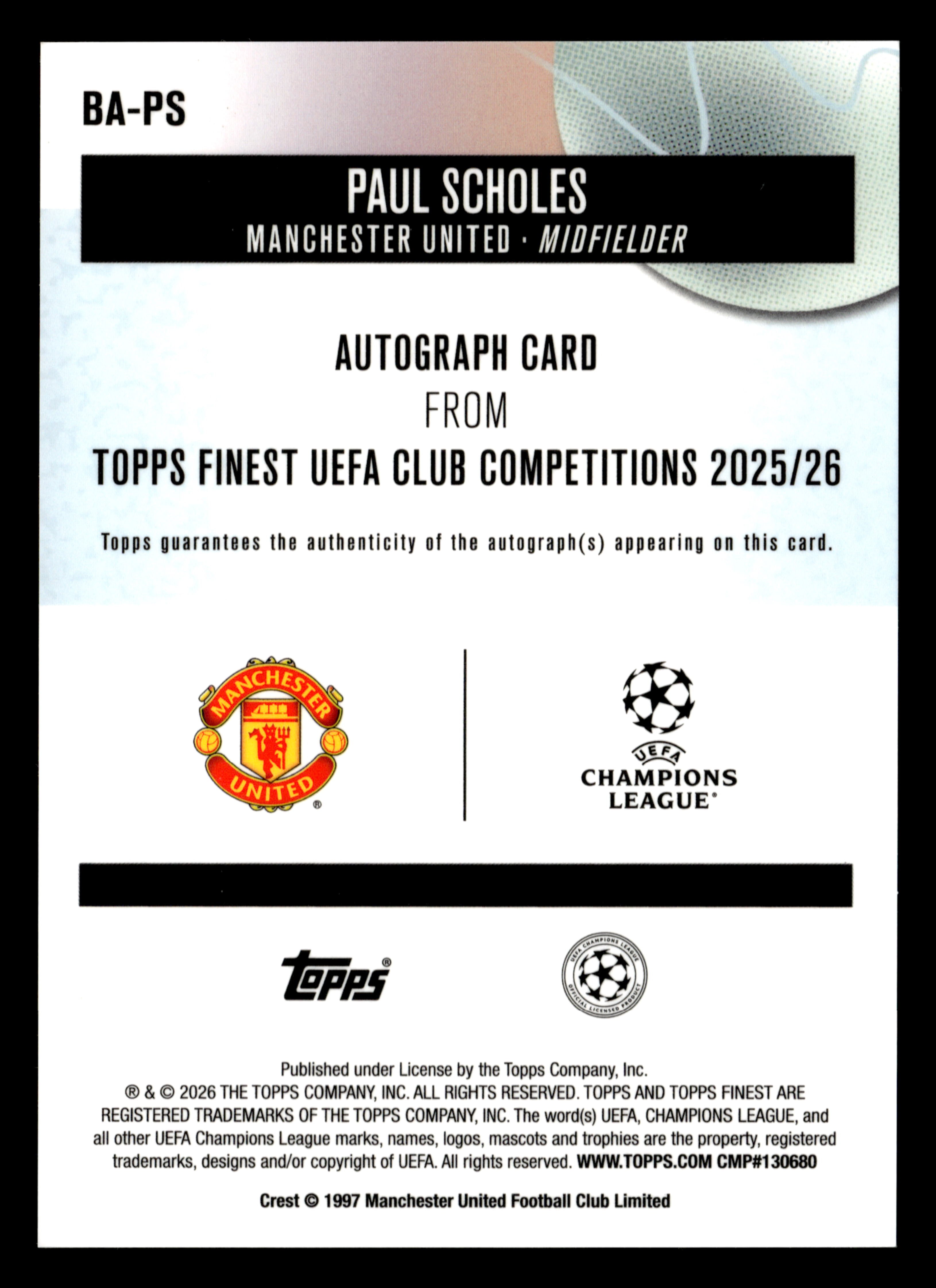 2025-26 Finest UCC #BA-PS Paul Scholes Base Autographs Green Wave Refractor #/99