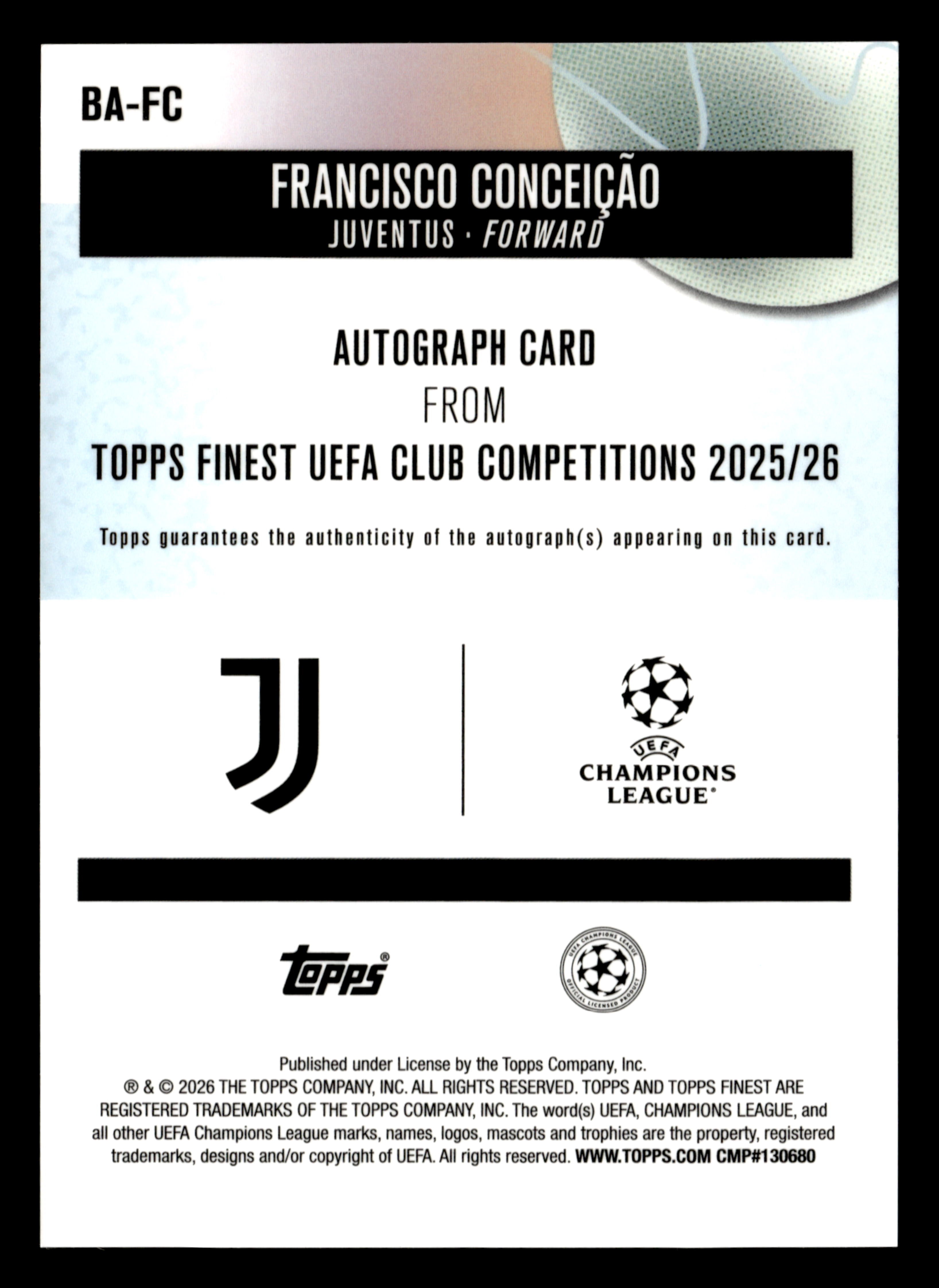 2025-26 Finest UCC #BA-FC Francisco Conceição Base Autographs