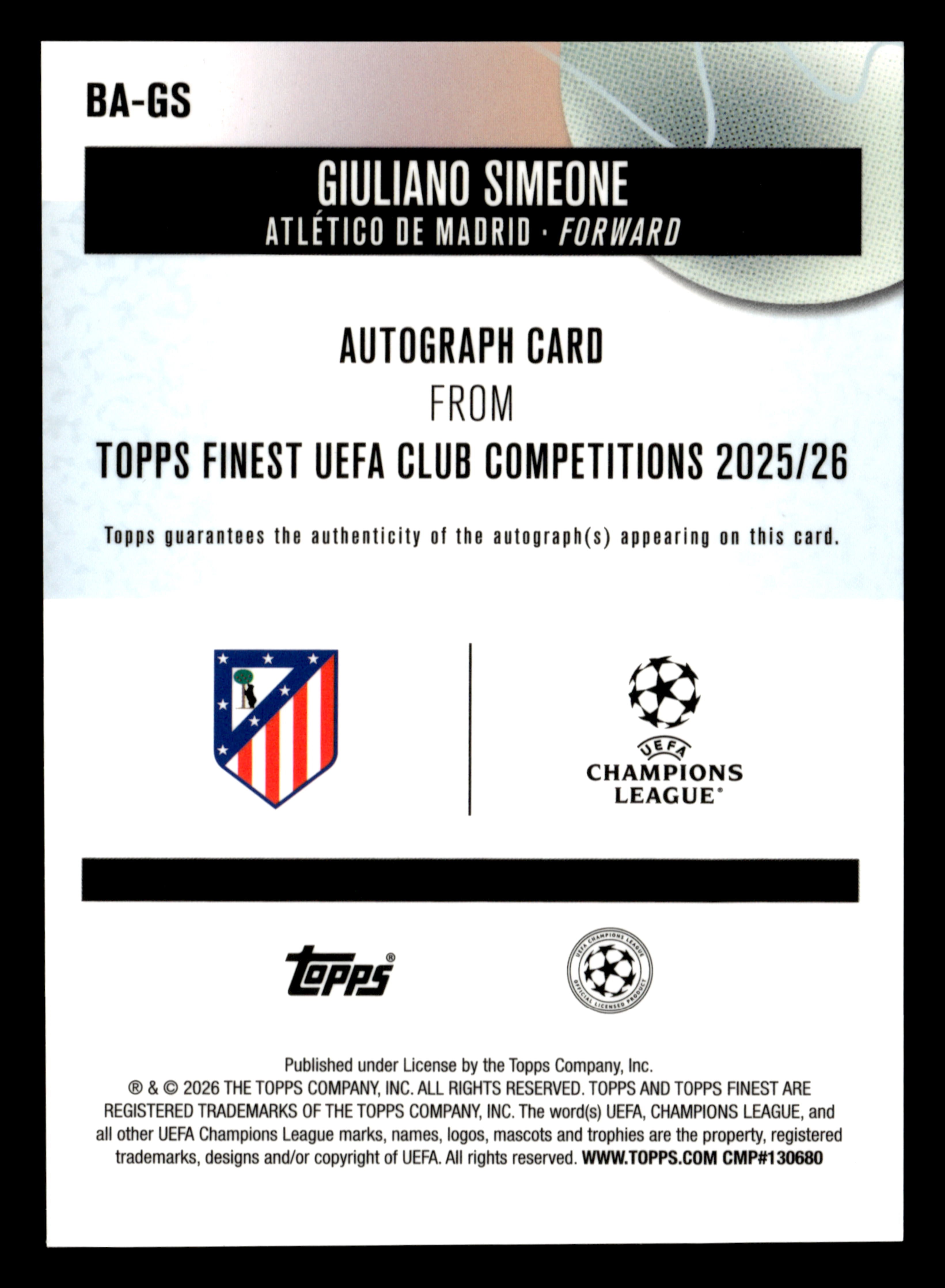 2025-26 Finest UCC #BA-GS Giuliano Simeone Base Autographs Aqua Refractor #/199