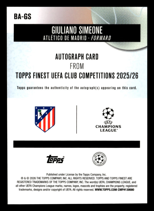 2025-26 Finest UCC #BA-GS Giuliano Simeone Base Autographs Aqua Refractor #/199