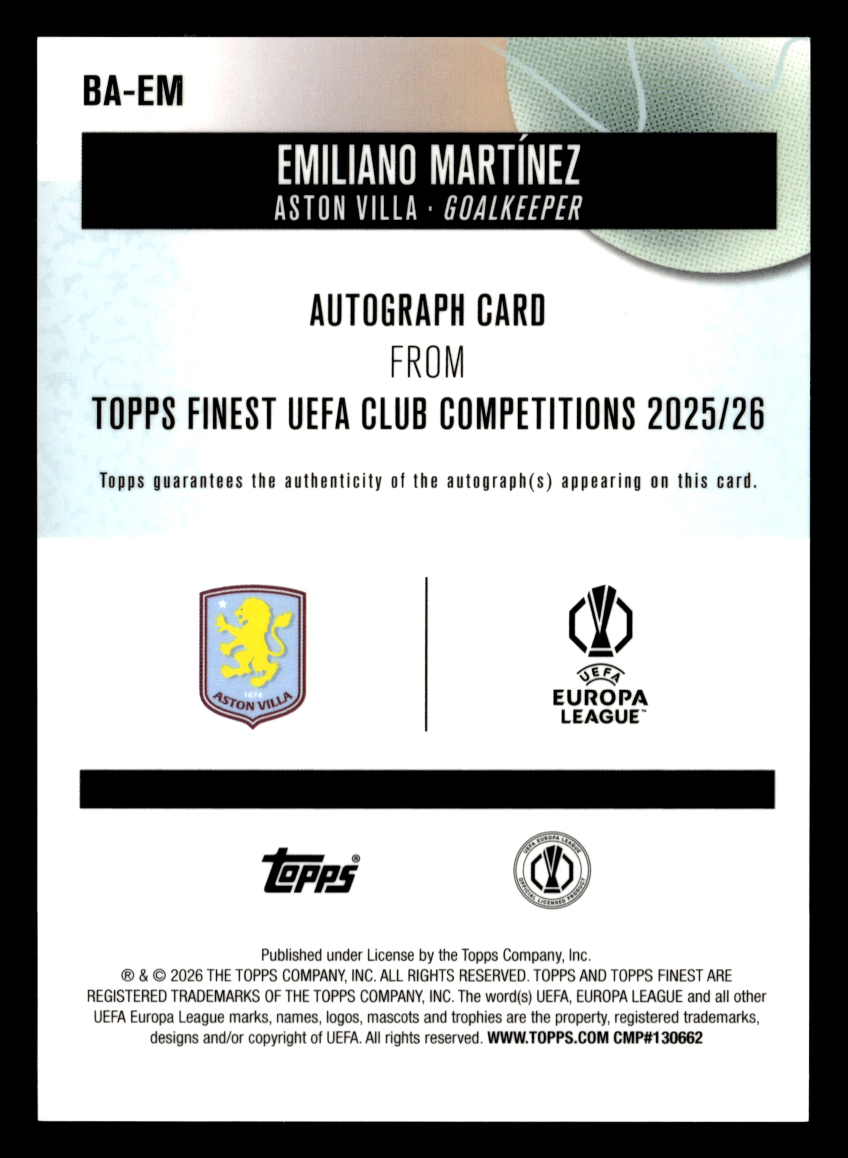 2025-26 Finest UCC #BA-EM Emiliano Martínez Auto Blue Wave Refractor #/150
