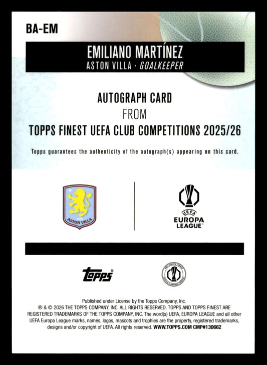 2025-26 Finest UCC #BA-EM Emiliano Martínez Auto Blue Wave Refractor #/150