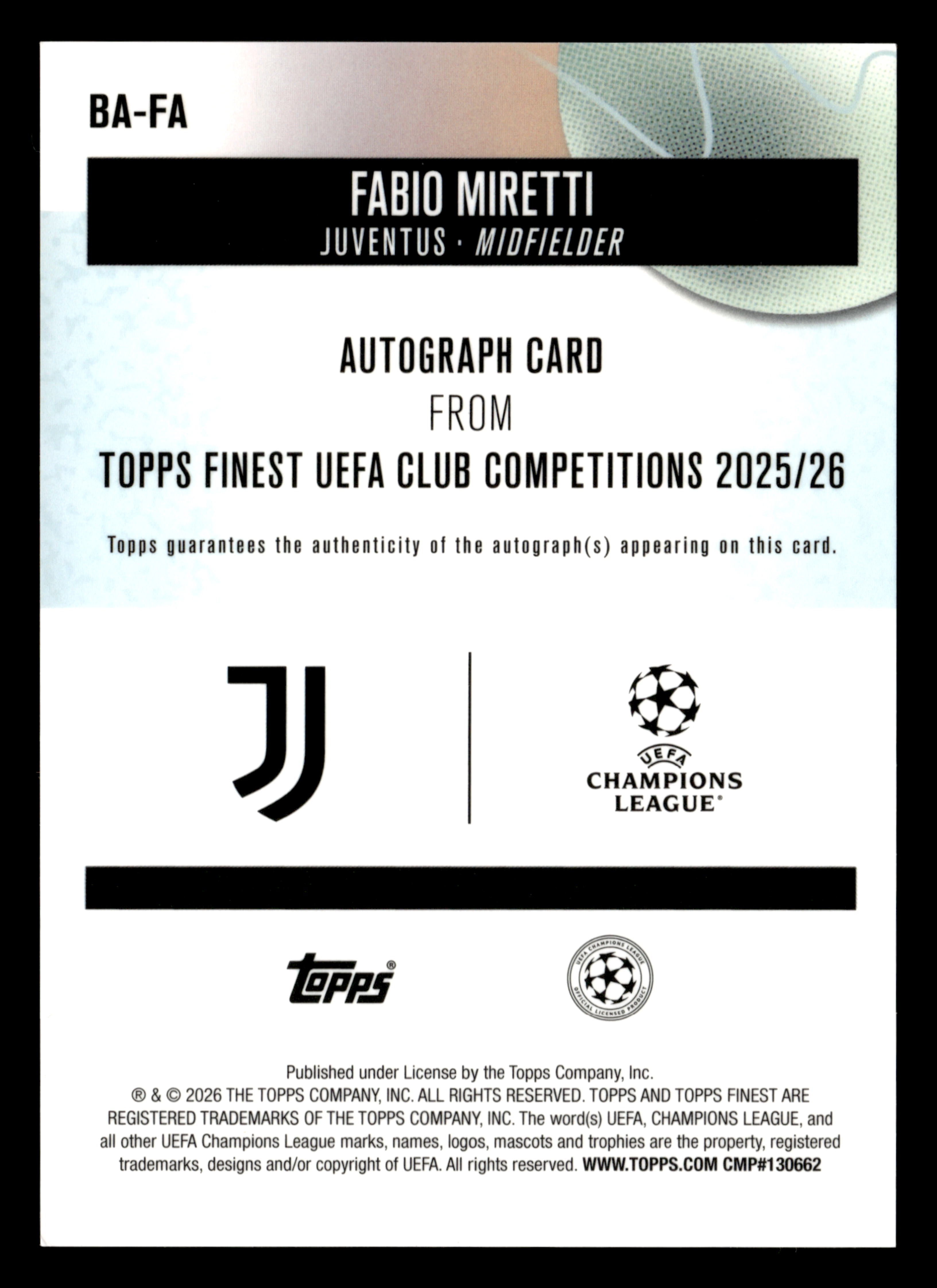 2025-26 Finest UEFA Club Competitions #BA-FA Fabio Miretti Base Autographs
