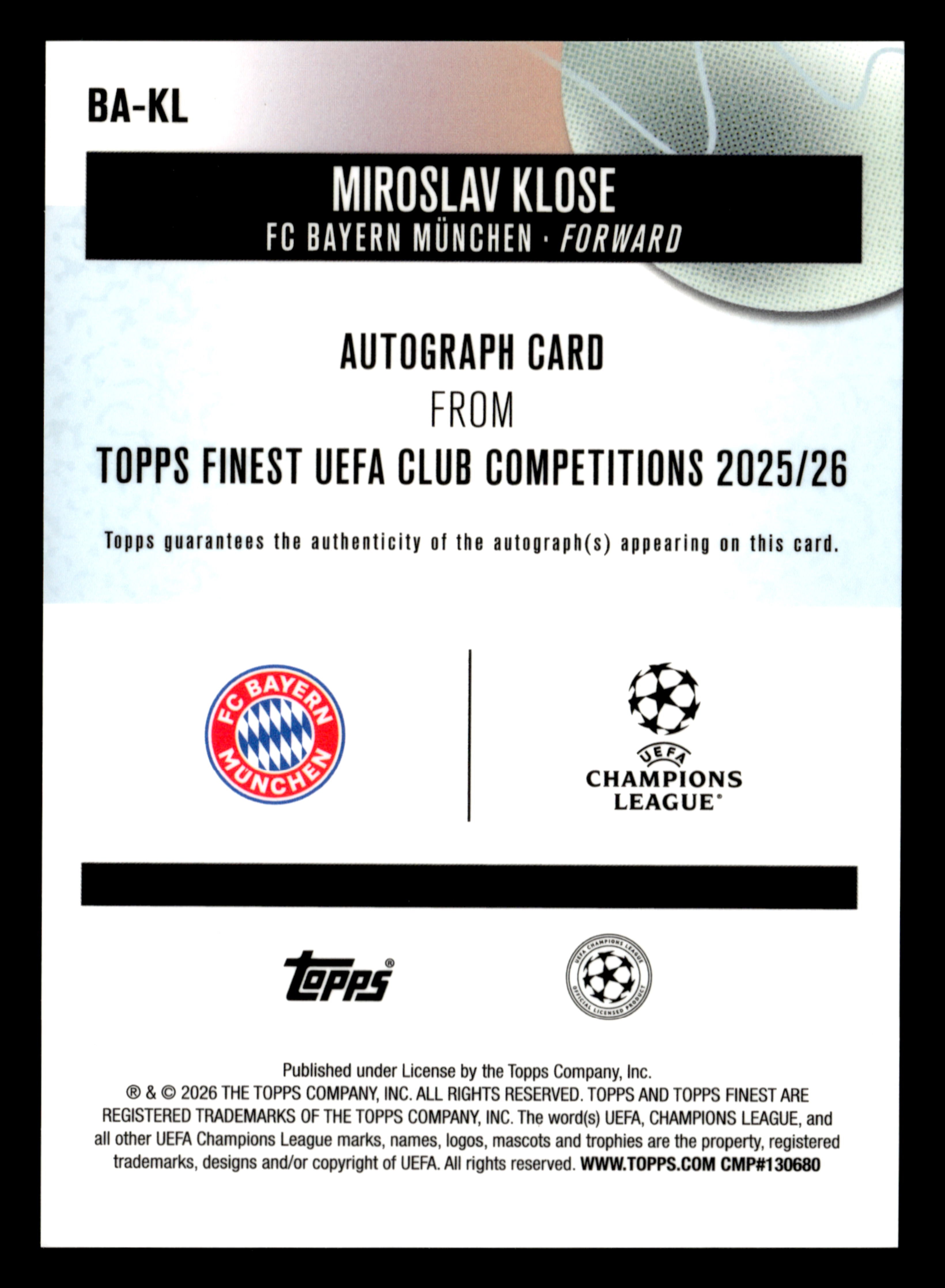 2025-26 Finest UCC #BA-KL Miroslav Klose Base Autographs Purple Refractor #/75
