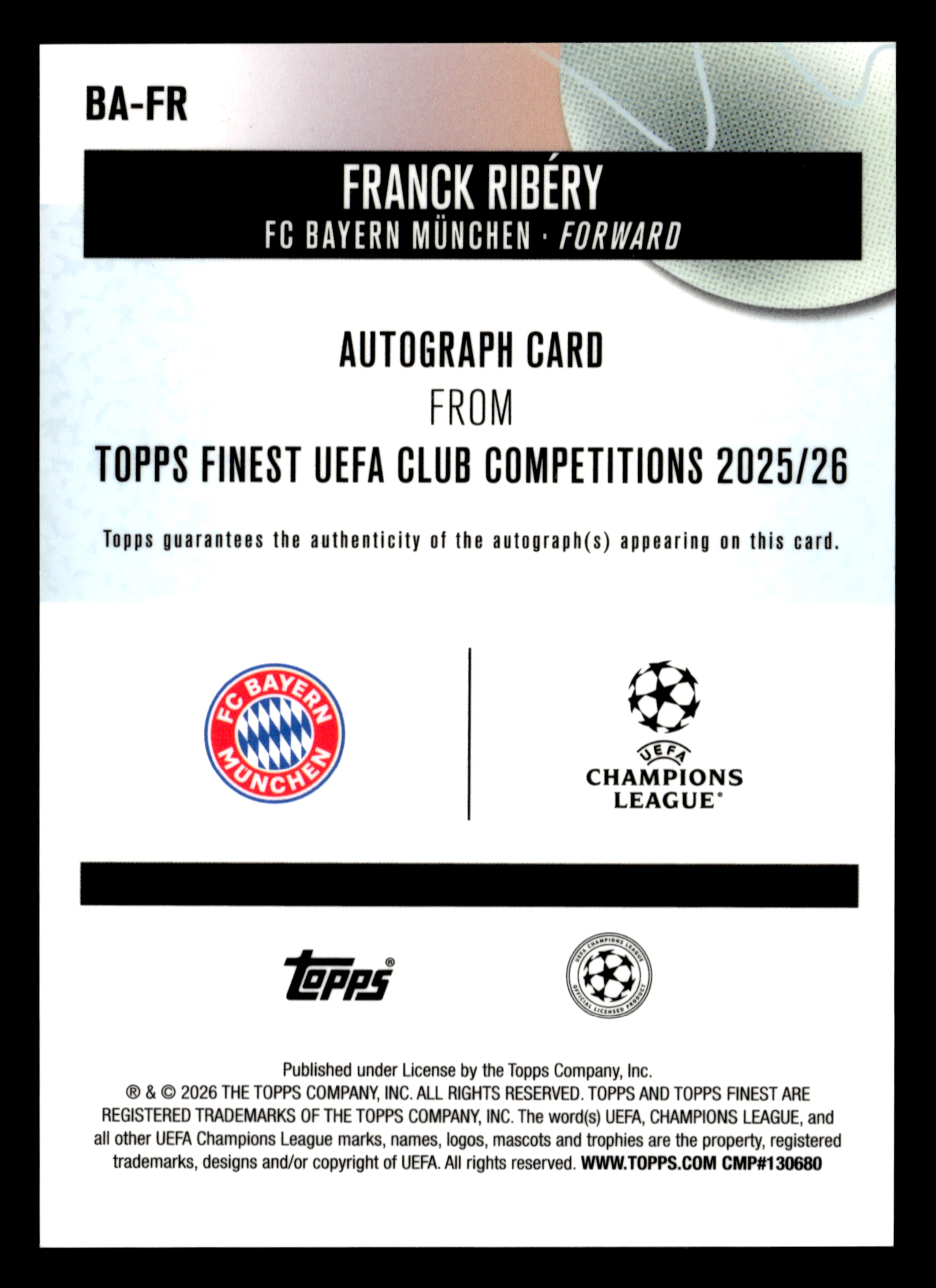2025-26 Finest UCC #BA-FR Franck Ribéry Base Auto Green Wave Refractor #/99