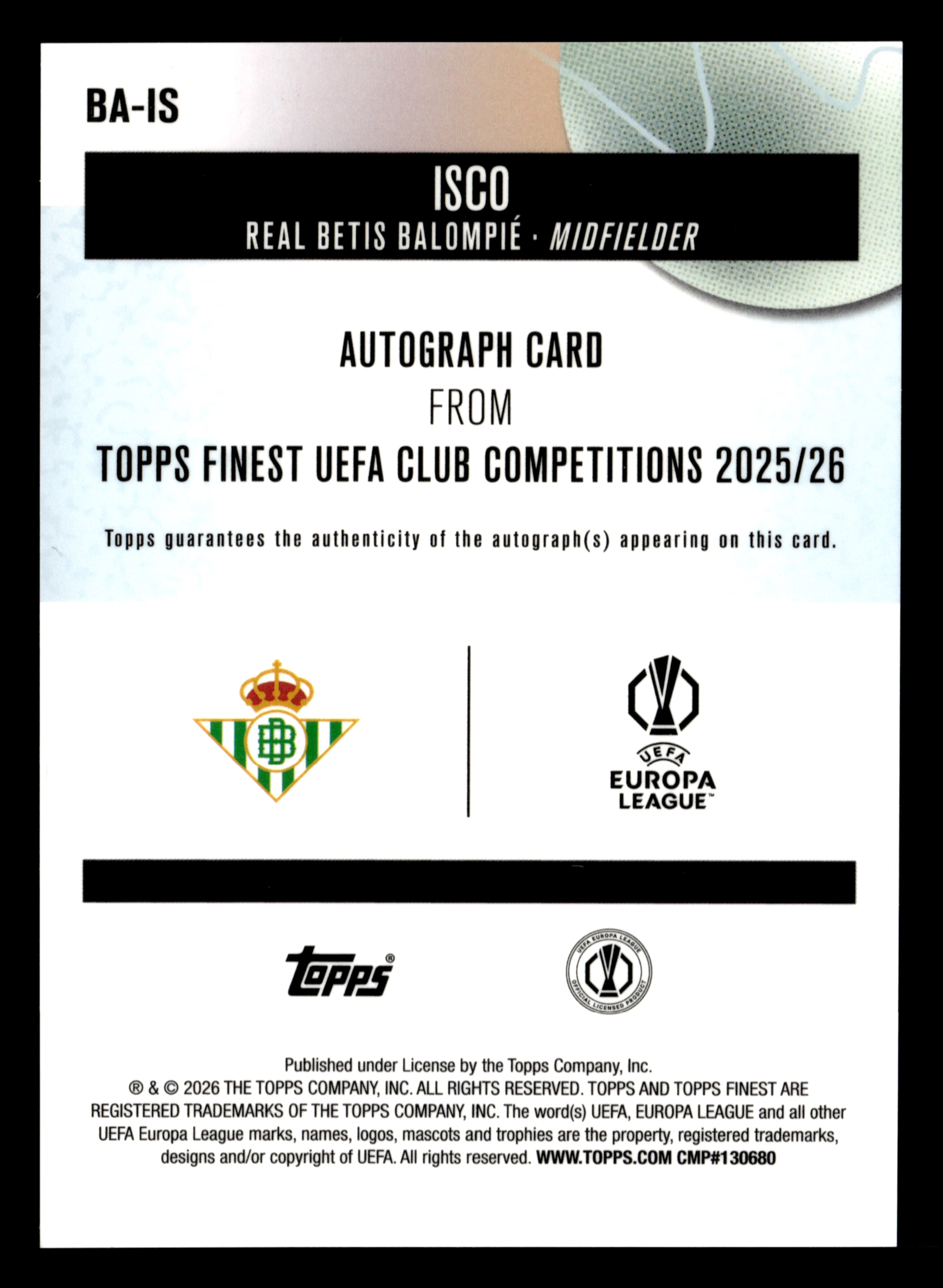 2025-26 Finest UCC #BA-IS Isco Base Autographs Blue Wave Refractor #/150