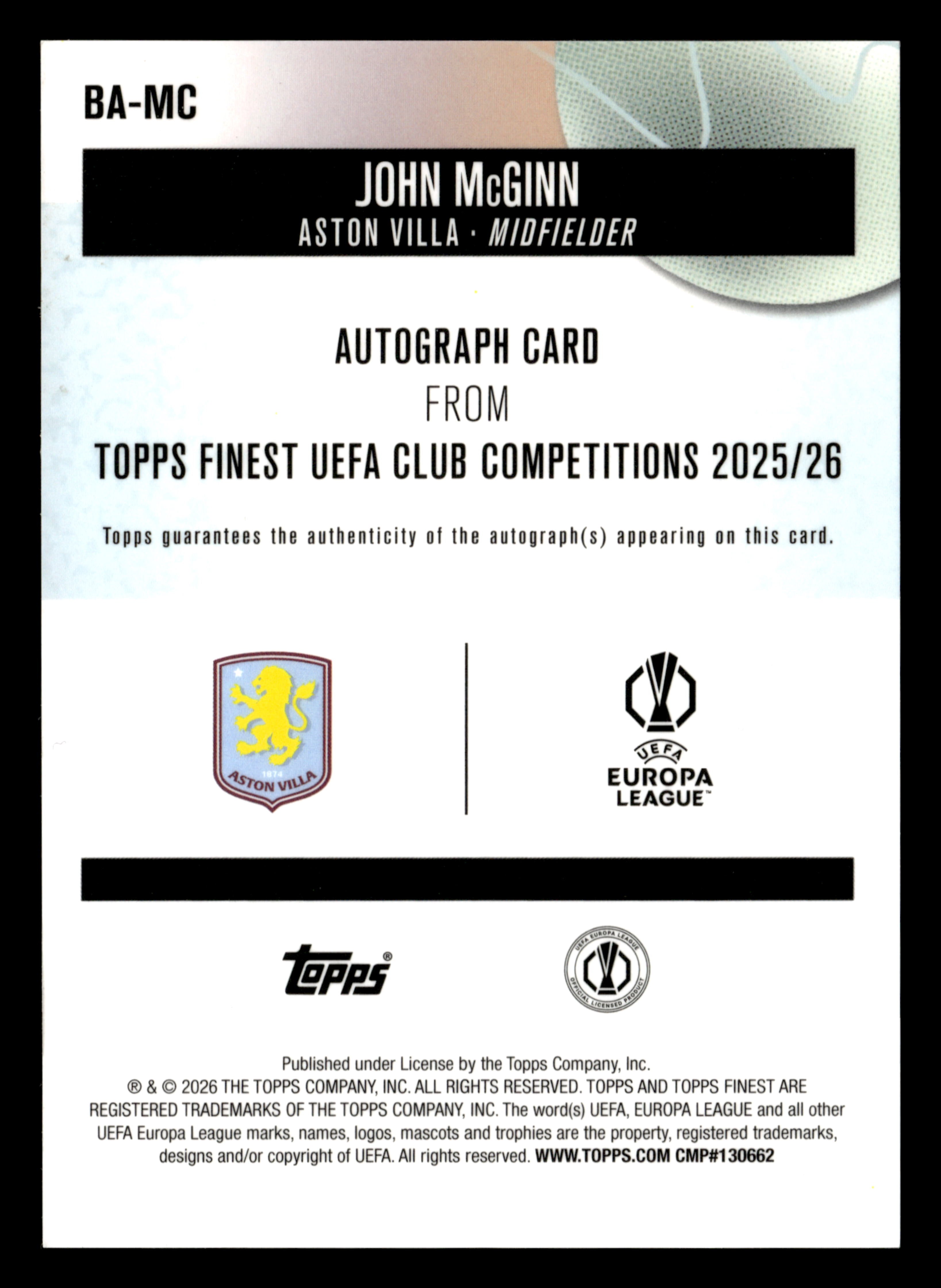 2025-26 Finest UCC #BA-MC John McGinn Base Autographs Pink Refractor #/250