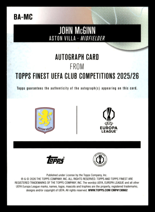 2025-26 Finest UCC #BA-MC John McGinn Base Autographs Pink Refractor #/250